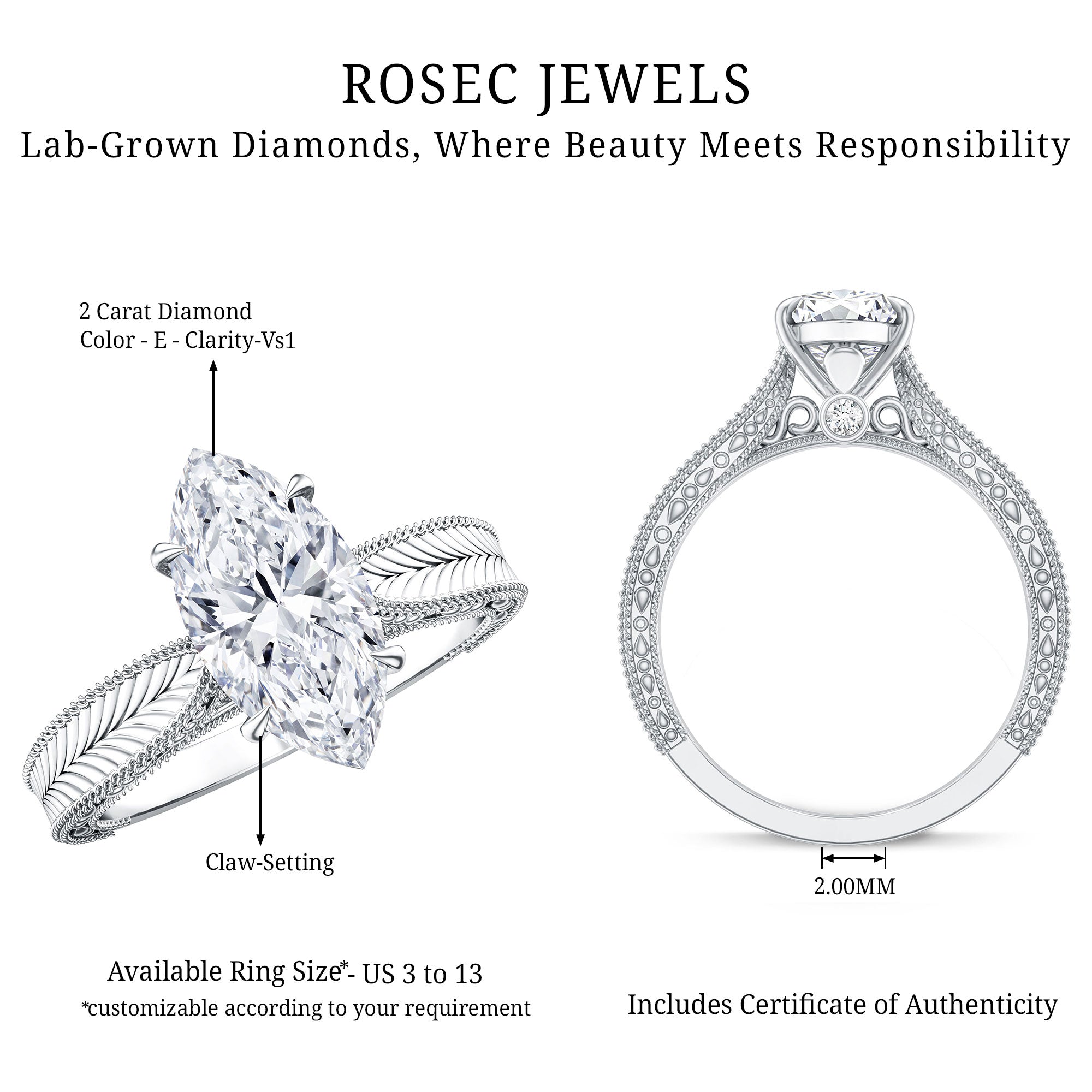 IGI Certified Antique Looking 2 Carat Marquise Lab Diamond Engagement Ring with Engraved Shank Lab - ( E-VS1 ) - Rosec Jewels
