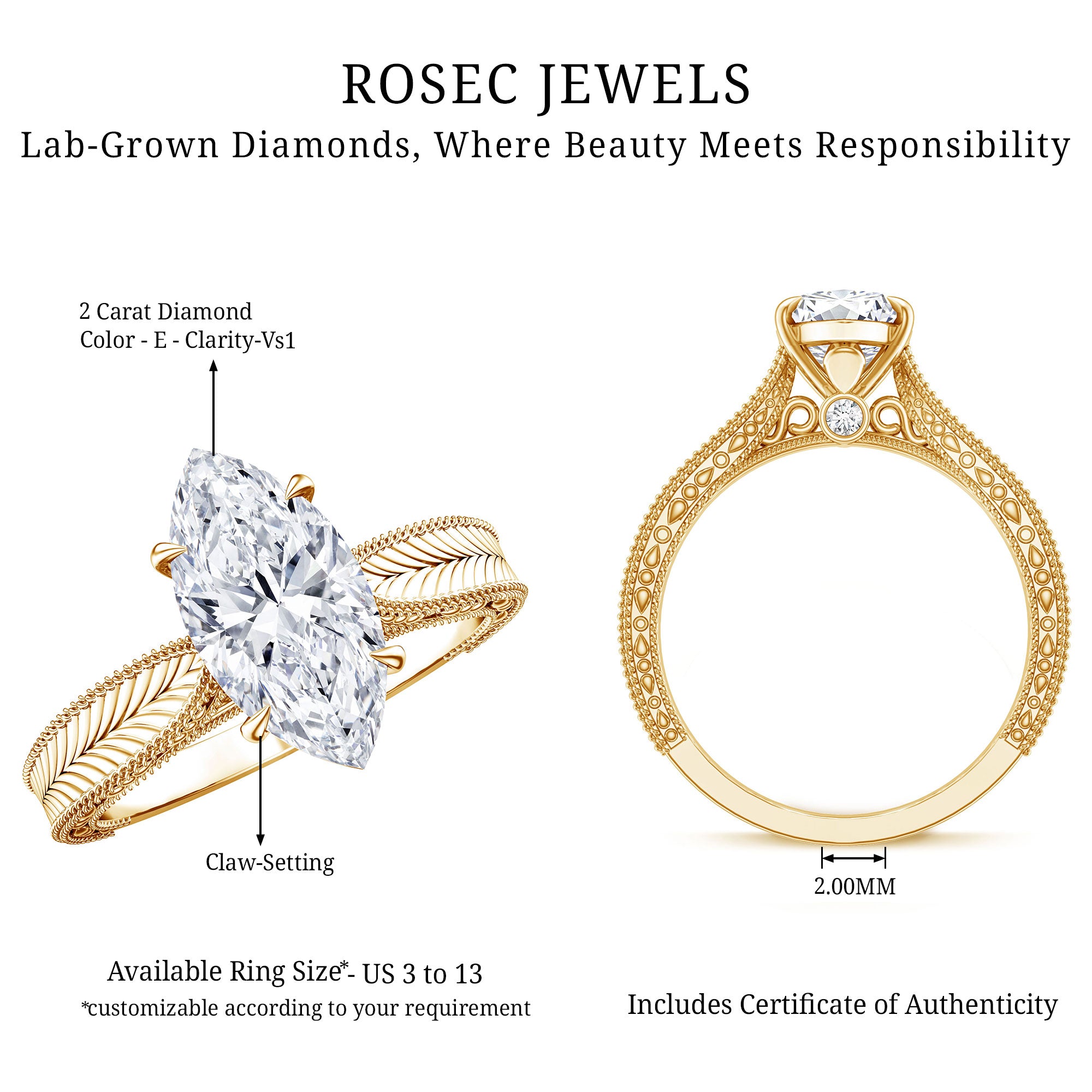 IGI Certified Antique Looking 2 Carat Marquise Lab Diamond Engagement Ring with Engraved Shank Lab - ( E-VS1 ) - Rosec Jewels