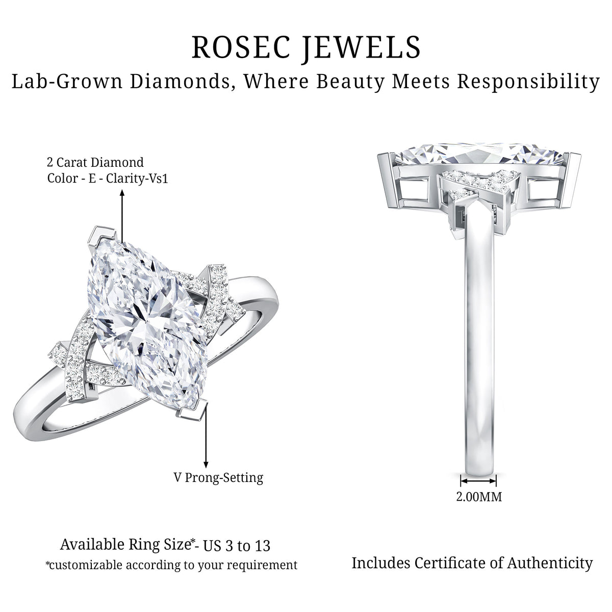 Marquise Cut IGI Certified Lab Grown Diamond Statement Engagement Ring 2 Carat Lab - ( E-VS1 ) - Rosec Jewels