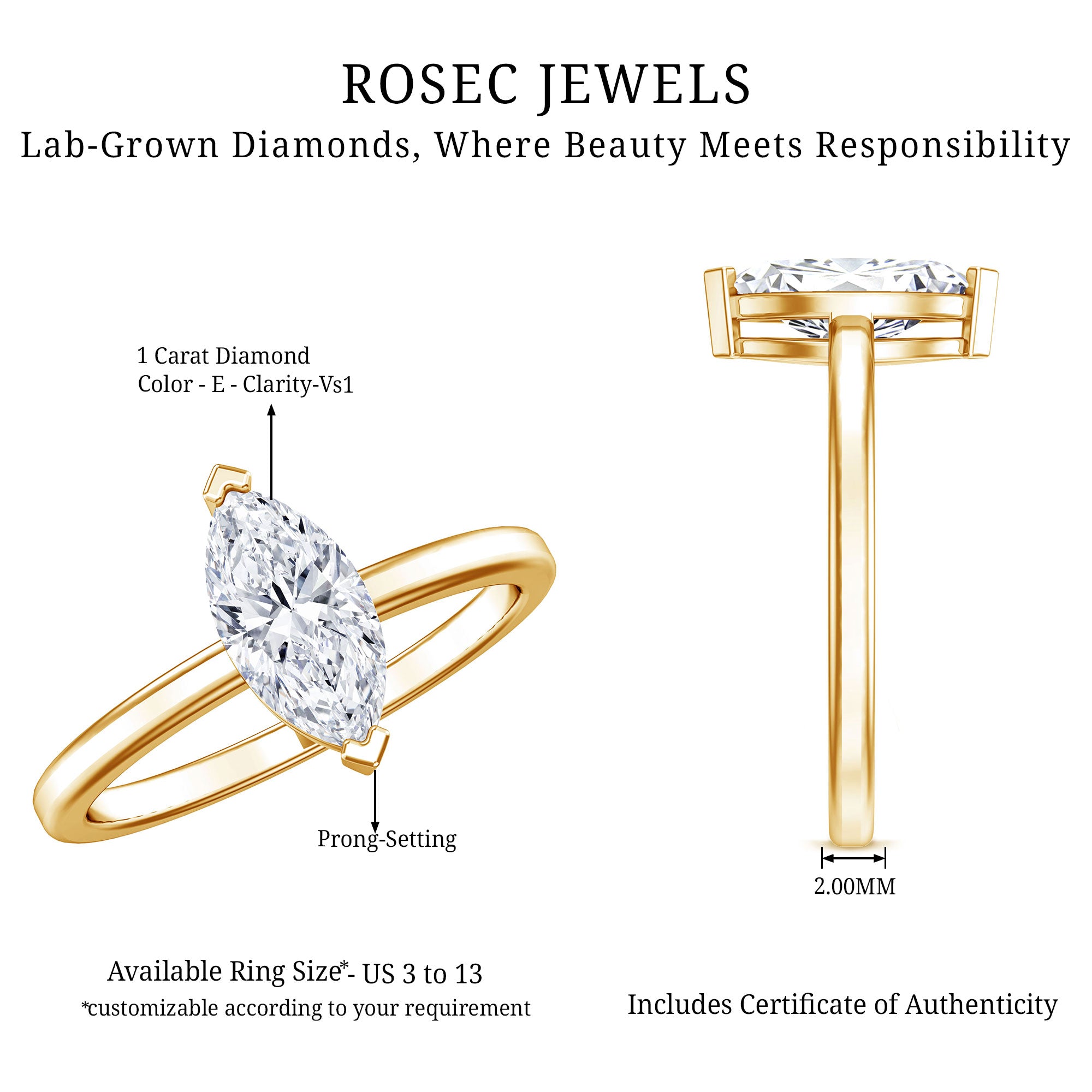 Classic Marquise Cut Lab Grown Diamond 1 Carat Engagement Ring with IGI Certificate Lab - ( E-VS1 ) - Rosec Jewels