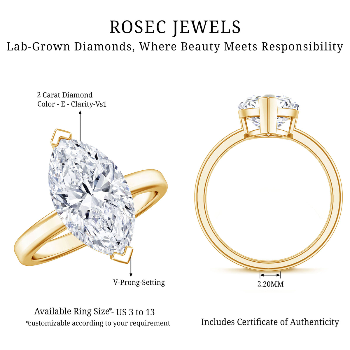 2 Carat Lab Grown Diamond Marquise Engagement Ring with IGI Certificate Lab - ( E-VS1 ) - Rosec Jewels
