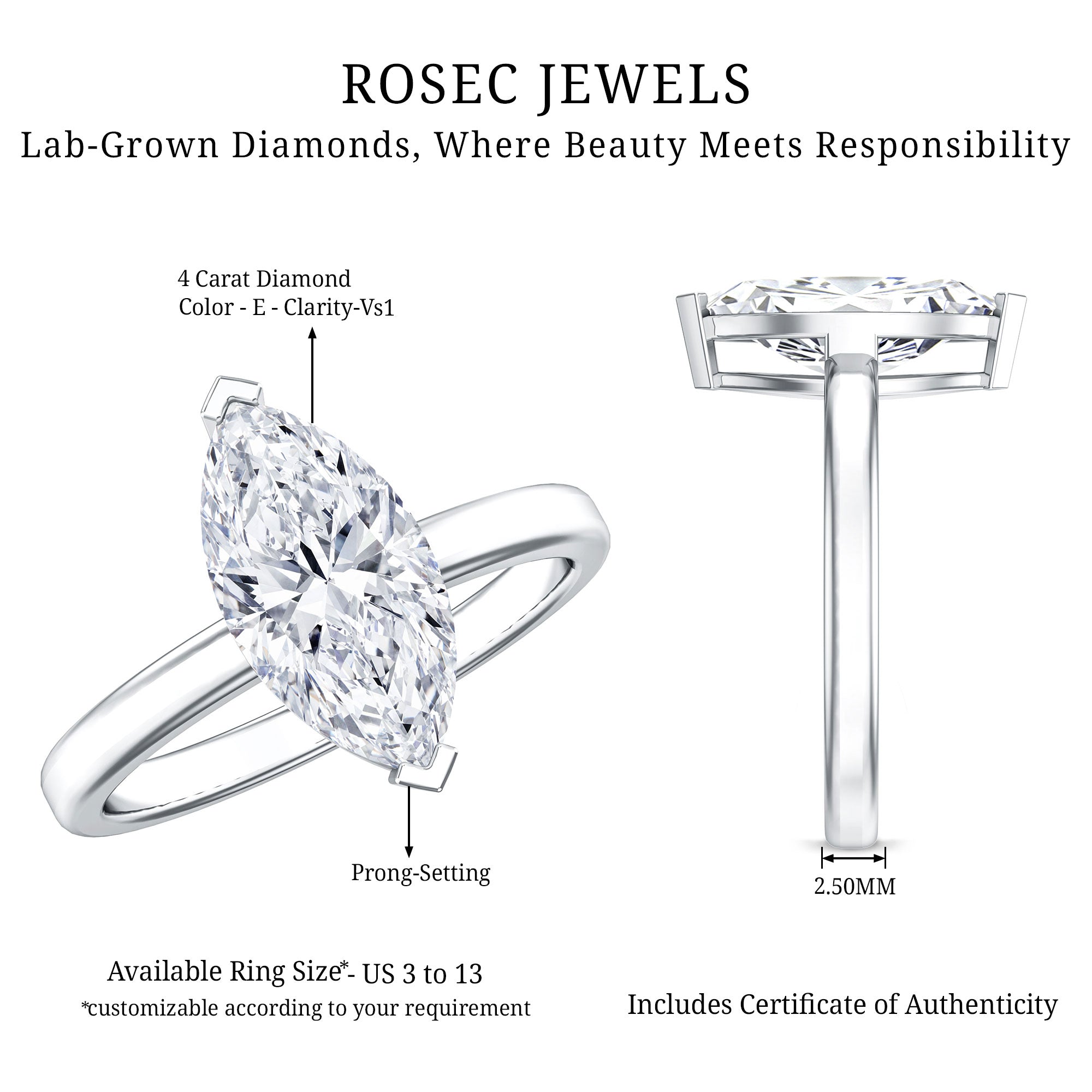 IGI Certified 4 Carat Marquise Lab Grown Diamond Solitaire Engagement Ring Lab - ( E-VS1 ) - Rosec Jewels