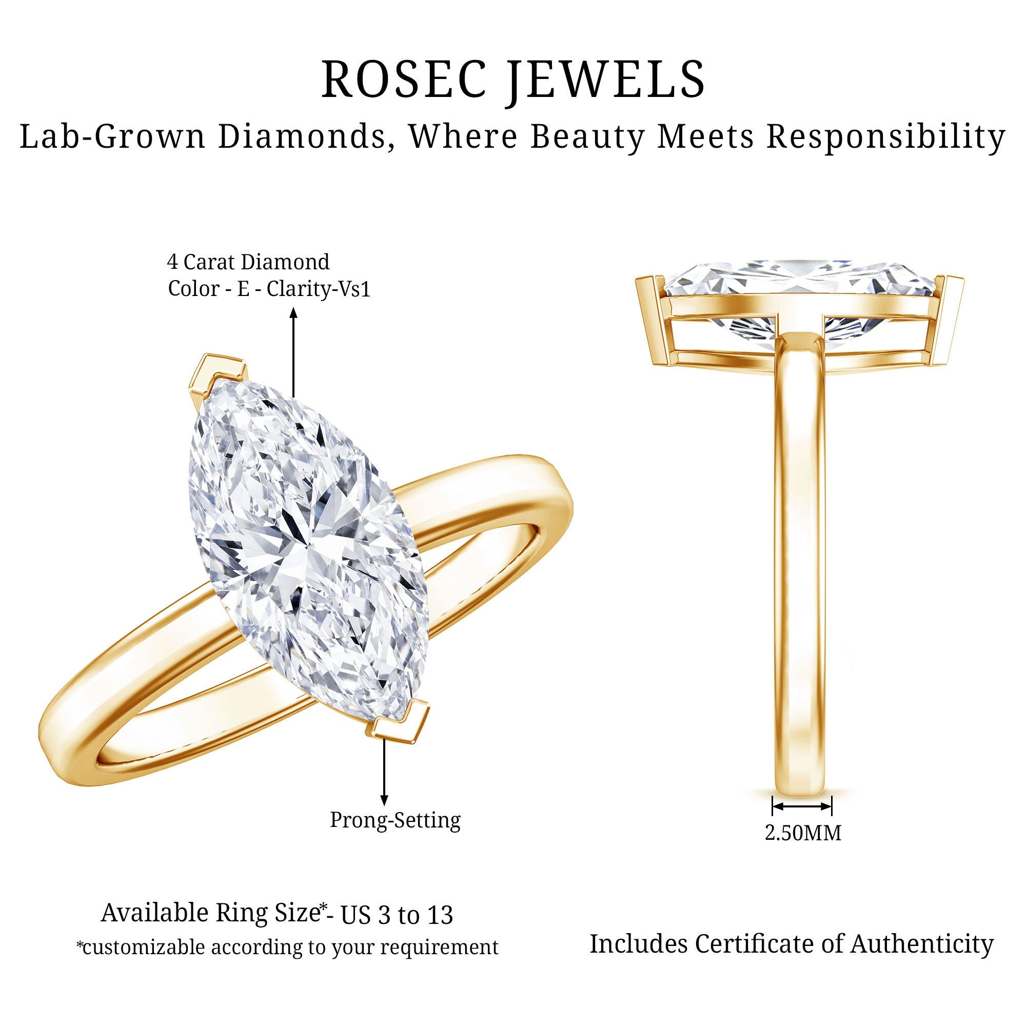 IGI Certified 4 Carat Marquise Lab Grown Diamond Solitaire Engagement Ring Lab - ( E-VS1 ) - Rosec Jewels