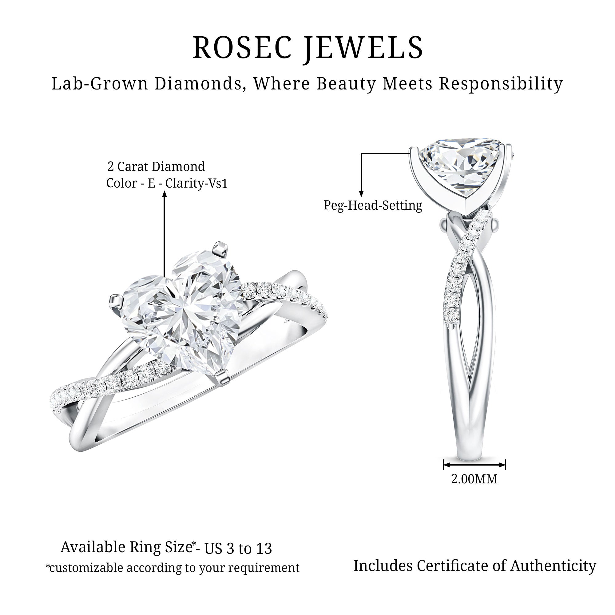 2 Carat Heart Shaped Lab Grown Diamond Crossover Engagement Ring IGI Certified Lab - ( E-VS1 ) - Rosec Jewels