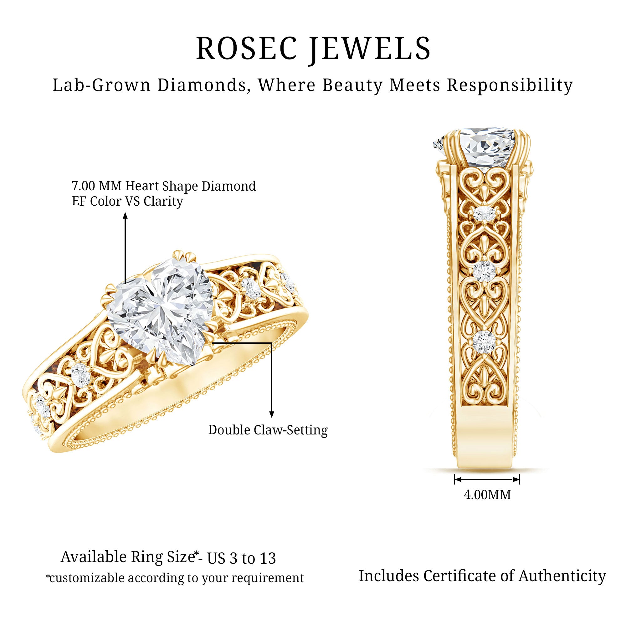 IGI Certified 1 Carat Lab Diamond Heart Engagement Ring with Antique Inspired Filigree Detail Lab - ( E-VS1 ) - Rosec Jewels
