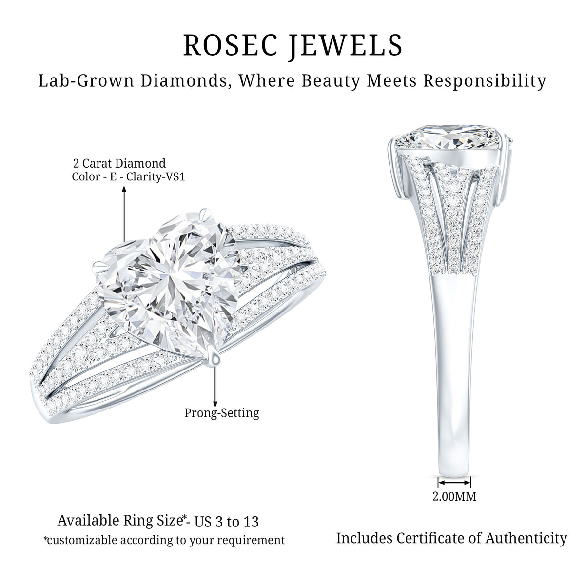 Rosec Jewels-2 Carat Heart Shape Lab Diamond Statement Engagement Ring IGI Certified