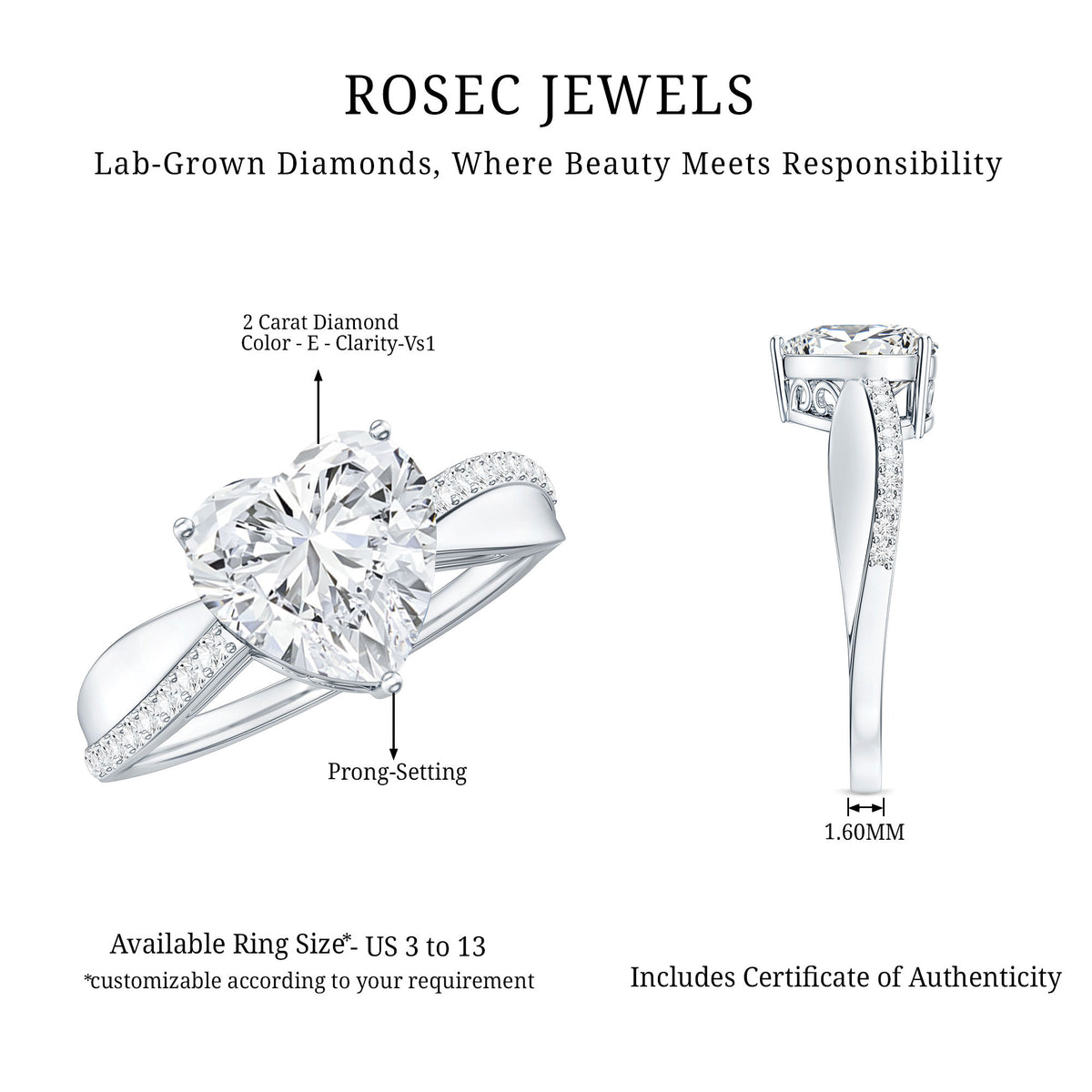 IGI Certified 2 Carat Lab Grown Diamond Heart Shaped Engagement Ring Lab - ( E-VS1 ) - Rosec Jewels