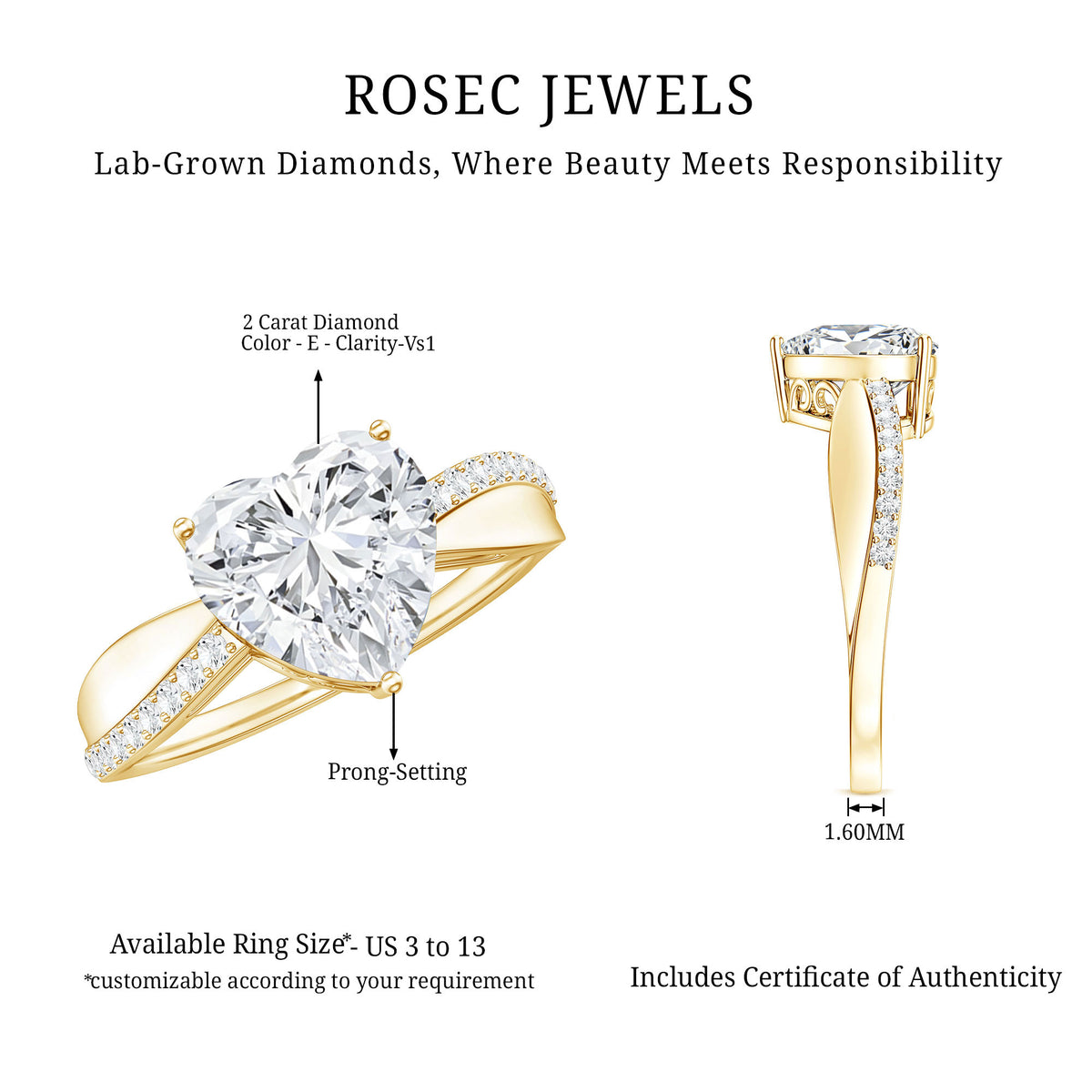 IGI Certified 2 Carat Lab Grown Diamond Heart Shaped Engagement Ring Lab - ( E-VS1 ) - Rosec Jewels