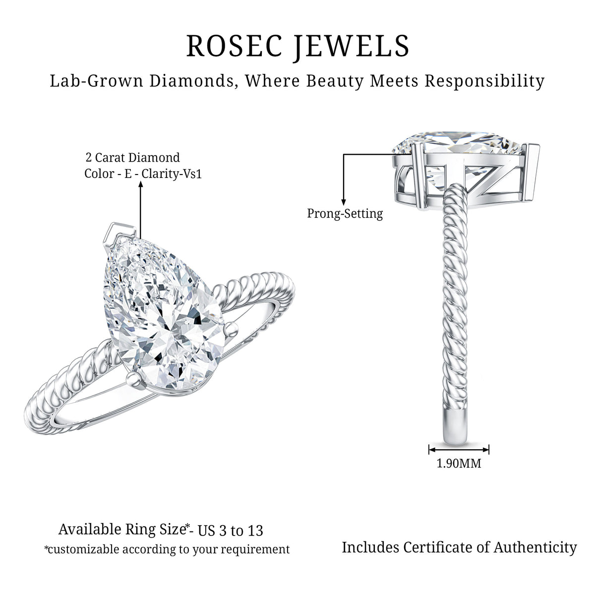 Pear Shaped 2 Carat Lab Grown Diamond Solitaire Engagement Ring IGI Certified Lab - ( E-VS1 ) - Rosec Jewels
