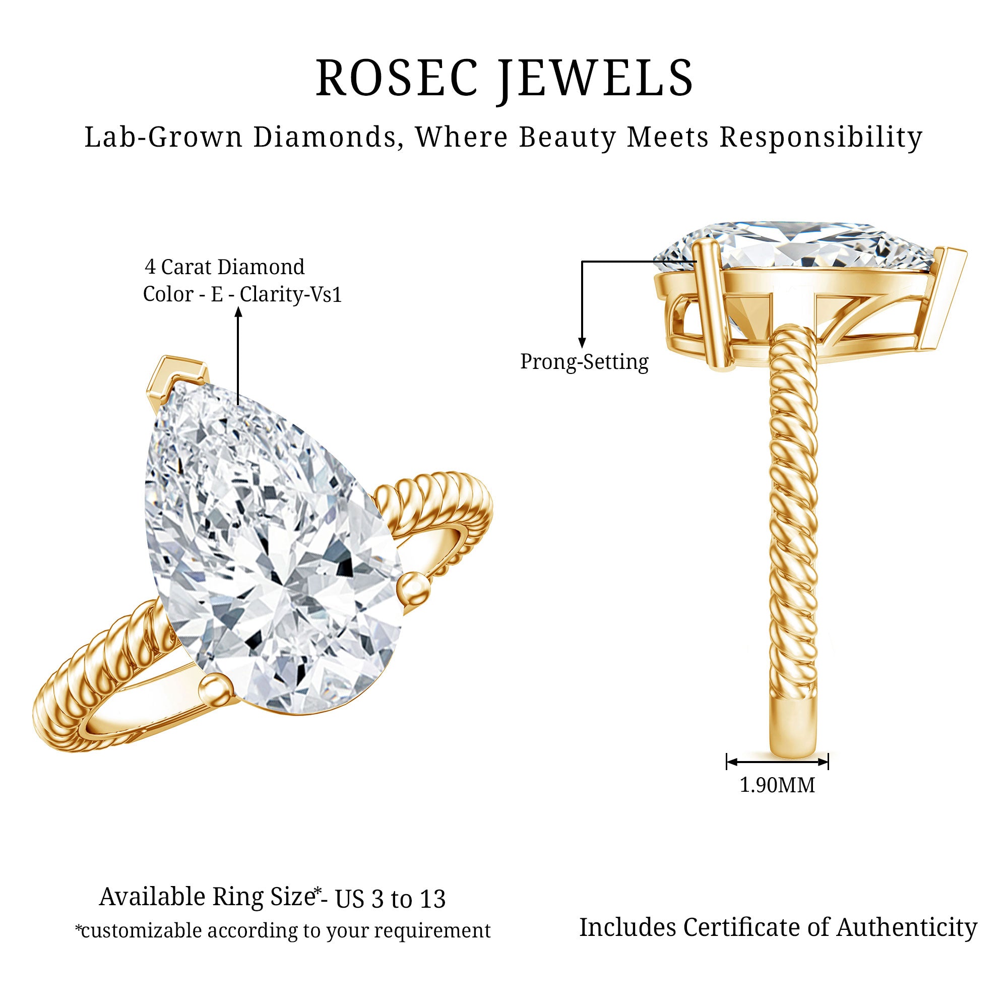 Rosec Jewels-4 Carat Solitaire Lab Created Diamond Teardrop Engagement Ring with IGI Certificate