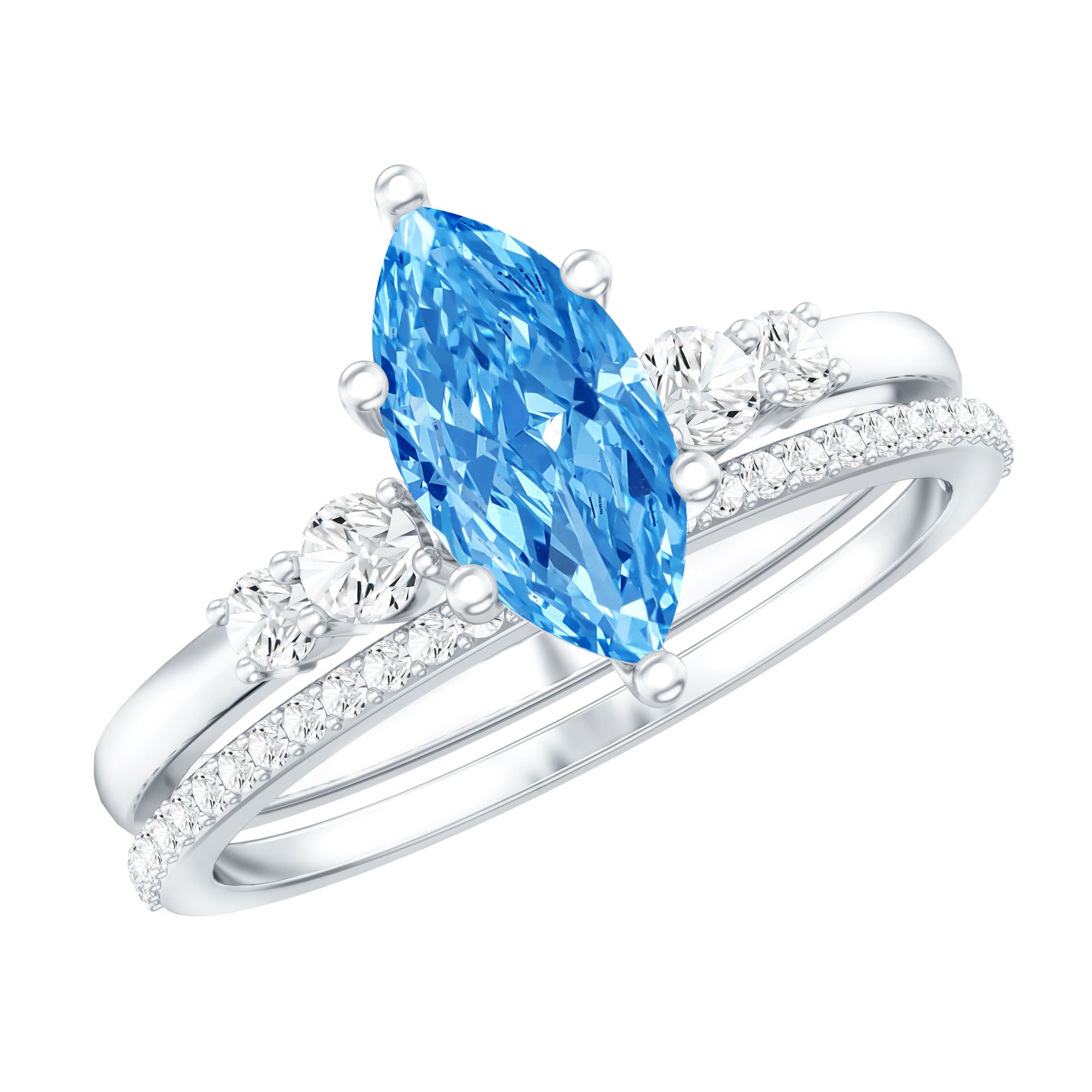 1 Carat Marquise Cut Lab Grown Blue Diamond Solitaire Wedding Ring Set with IGI Certificate Vivid Blue - VS1 - Rosec Jewels