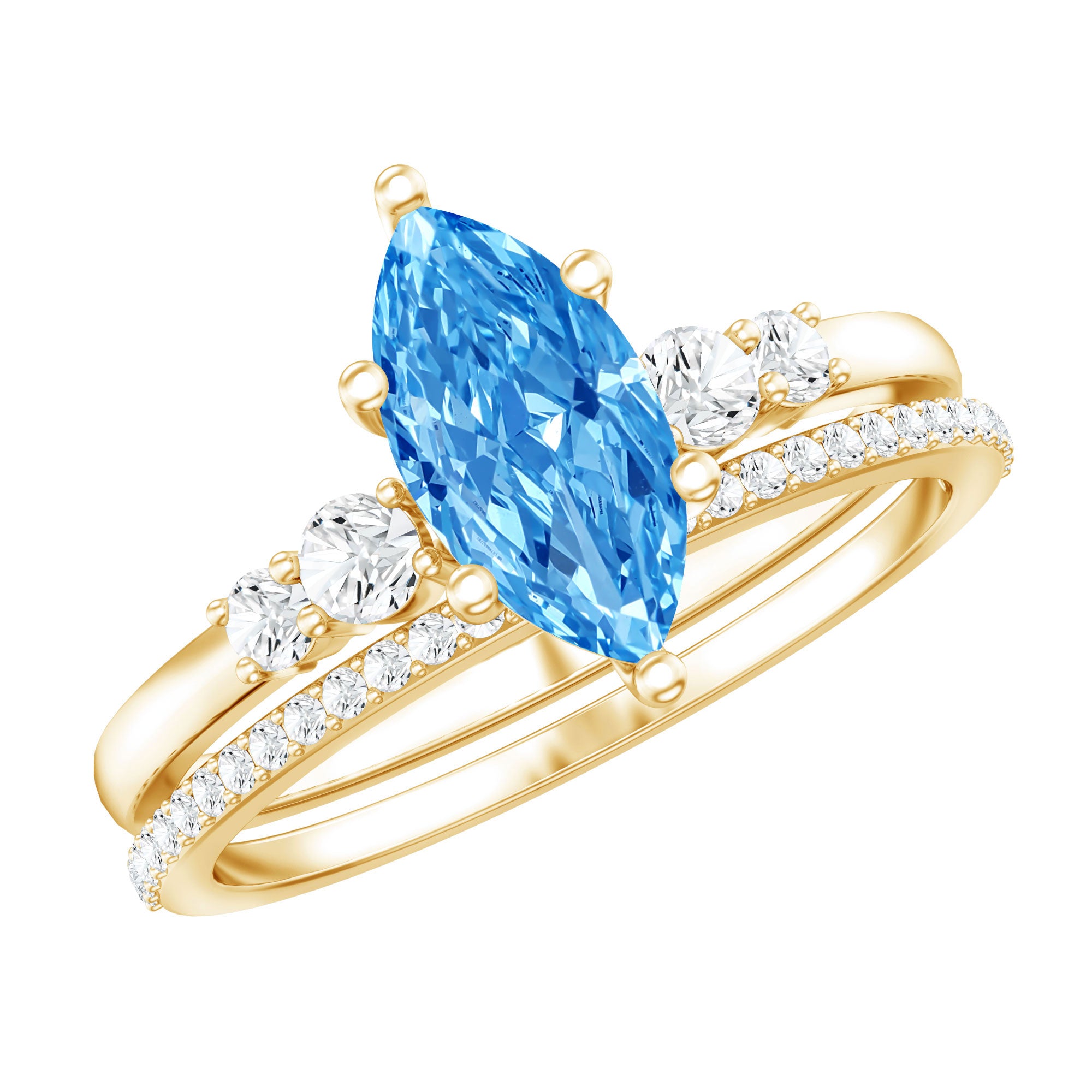 1 Carat Marquise Cut Lab Grown Blue Diamond Solitaire Wedding Ring Set with IGI Certificate Vivid Blue - VS1 - Rosec Jewels