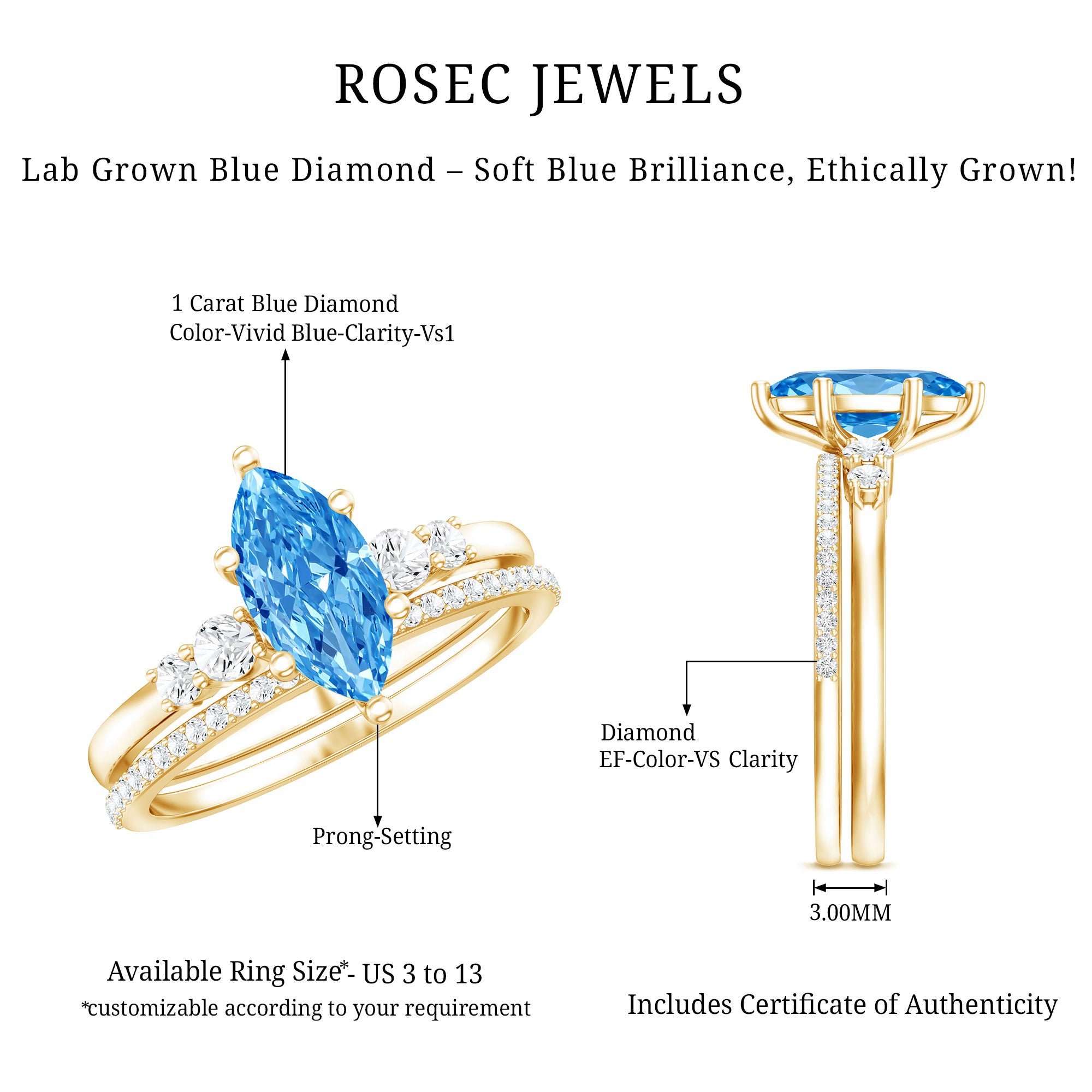 1 Carat Marquise Cut Lab Grown Blue Diamond Solitaire Wedding Ring Set with IGI Certificate Vivid Blue - VS1 - Rosec Jewels