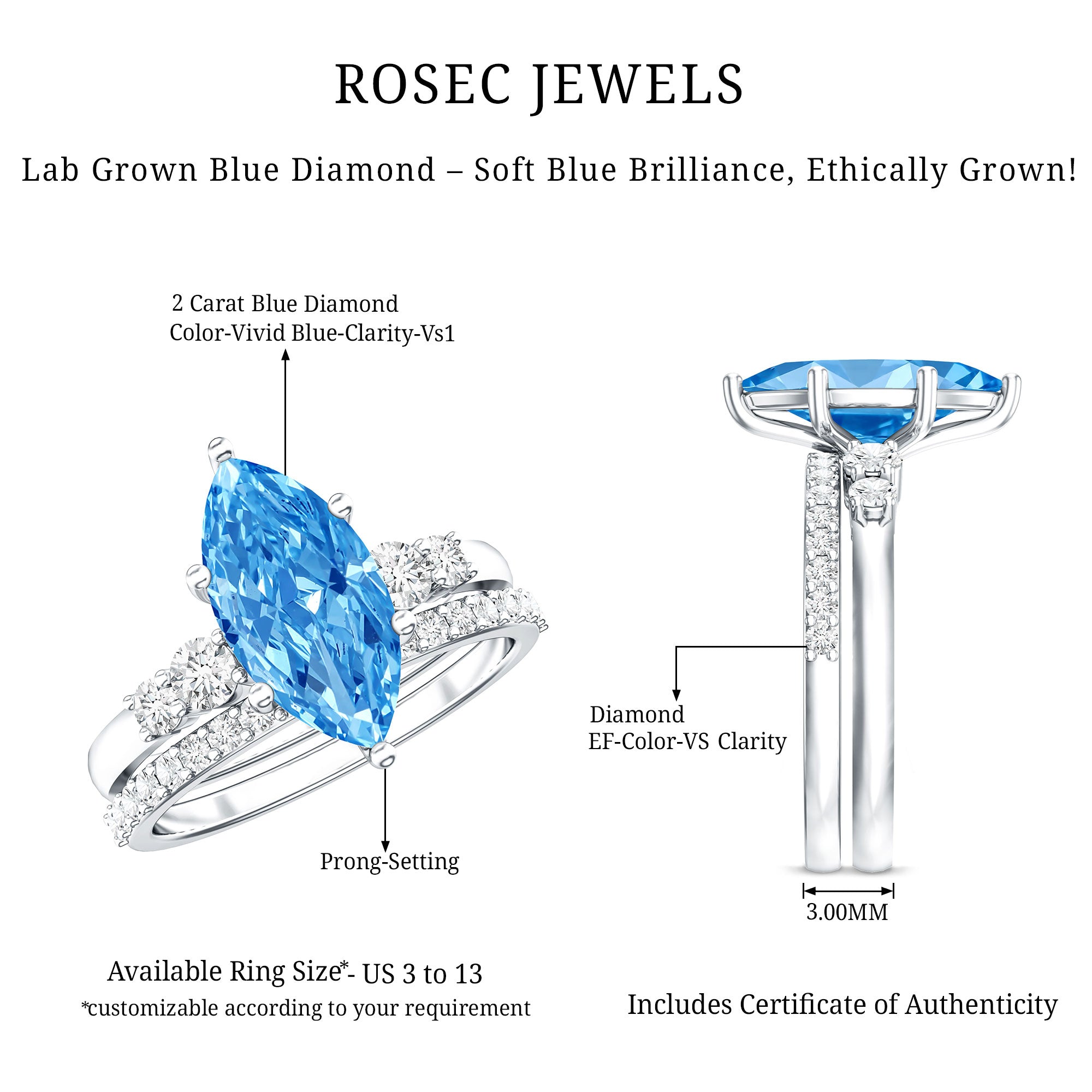 IGI Certified Lab Grown Blue Diamond Marquise Bridal Ring Set 2 Carat Vivid Blue - VS1 - Rosec Jewels