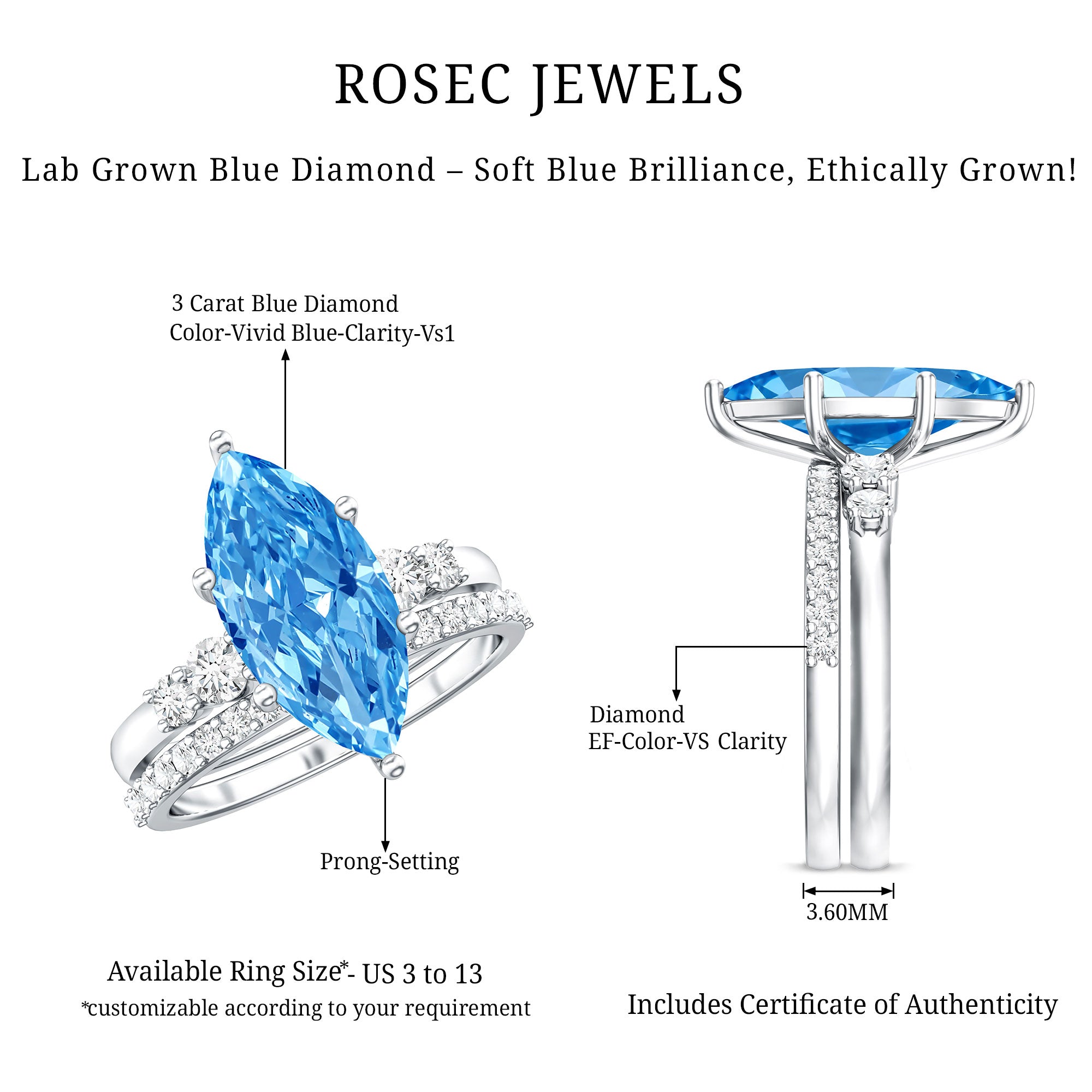 IGI Certified Marquise Cut Lab Grown 3 Carat Blue Diamond Engagement Ring with Enhancer Vivid Blue - VS1 - Rosec Jewels
