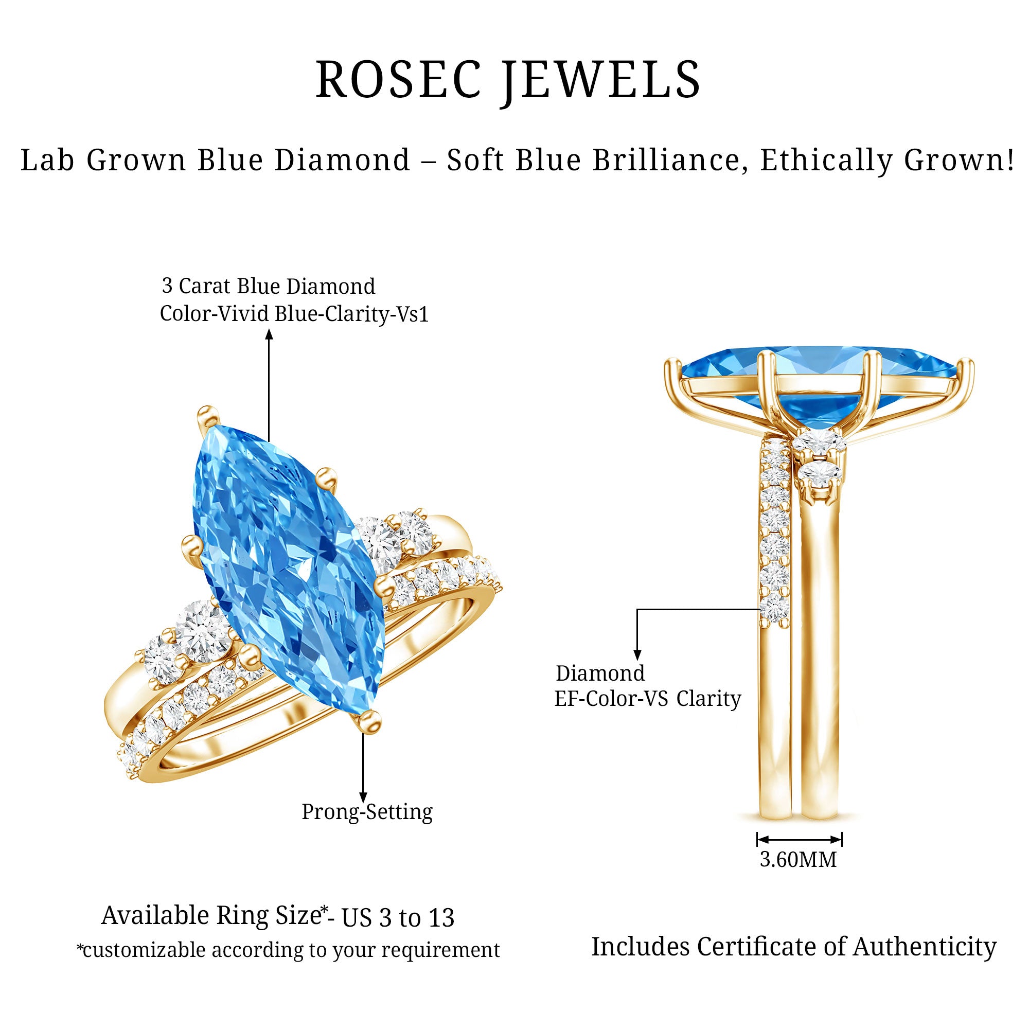 IGI Certified Marquise Cut Lab Grown 3 Carat Blue Diamond Engagement Ring with Enhancer Vivid Blue - VS1 - Rosec Jewels