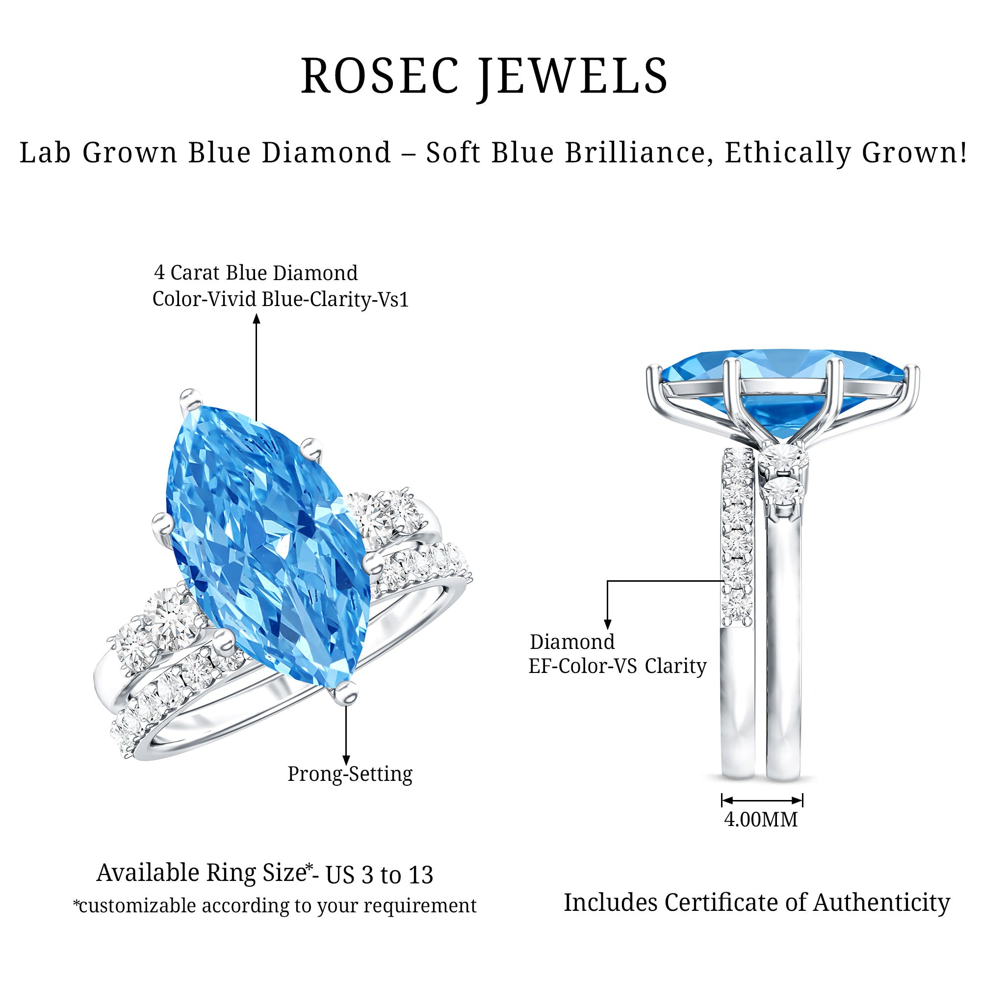 Huge 4 Carat Lab Grown Blue Diamond Solitaire Bridal Ring Set with IGI Certificate Vivid Blue - VS1 - Rosec Jewels