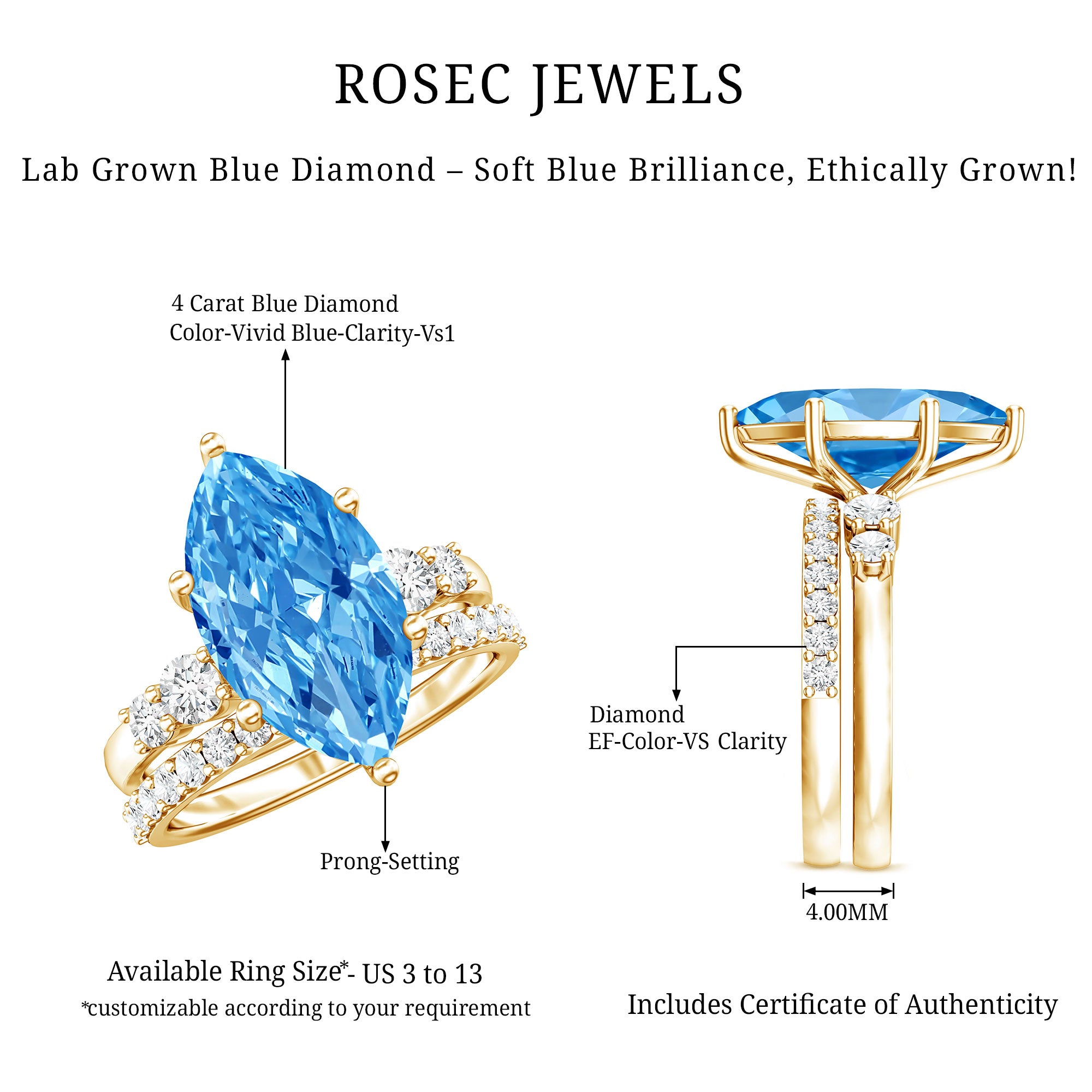 Huge 4 Carat Lab Grown Blue Diamond Solitaire Bridal Ring Set with IGI Certificate Vivid Blue - VS1 - Rosec Jewels