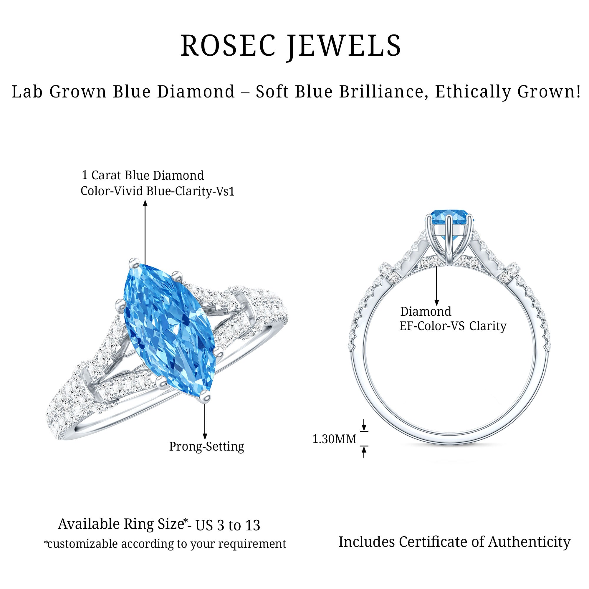 IGI Certified 1 Carat Lab Grown Blue Diamond Engagement Ring with Split Shank Vivid Blue - VS1 - Rosec Jewels