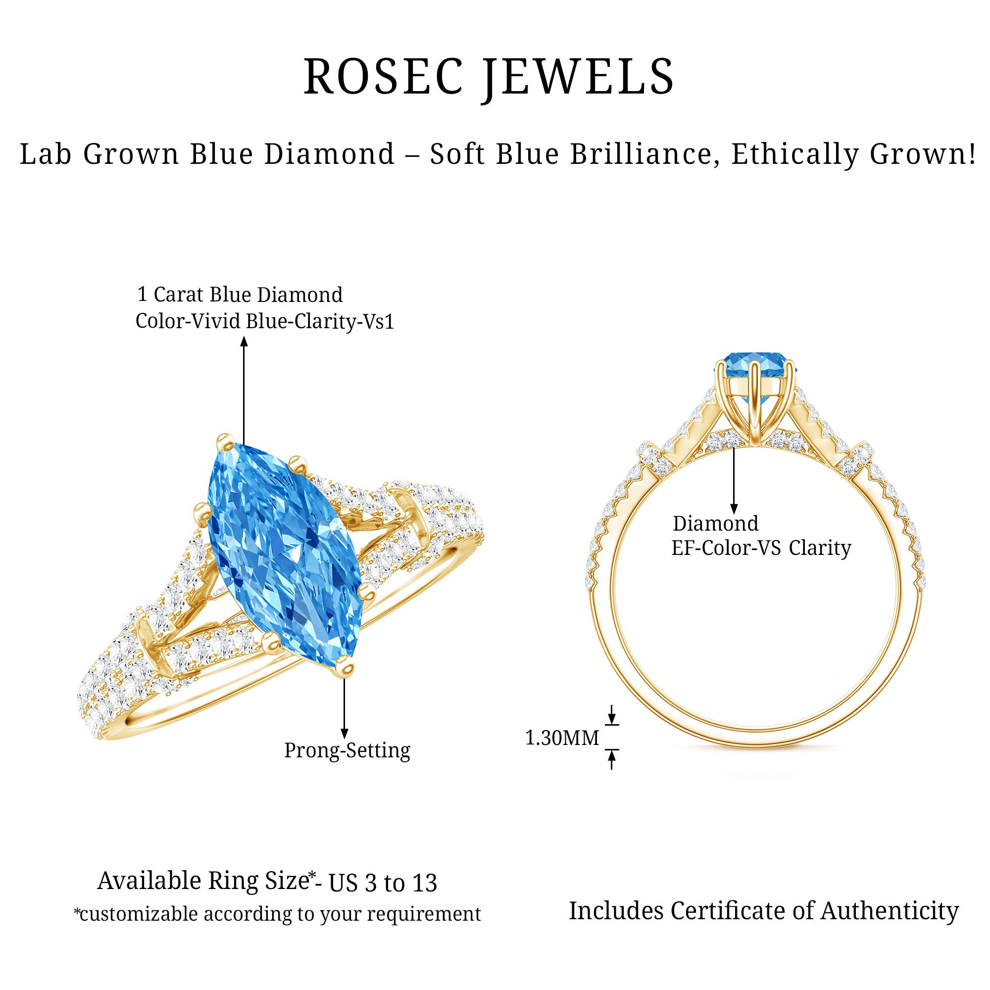 IGI Certified 1 Carat Lab Grown Blue Diamond Engagement Ring with Split Shank Vivid Blue - VS1 - Rosec Jewels
