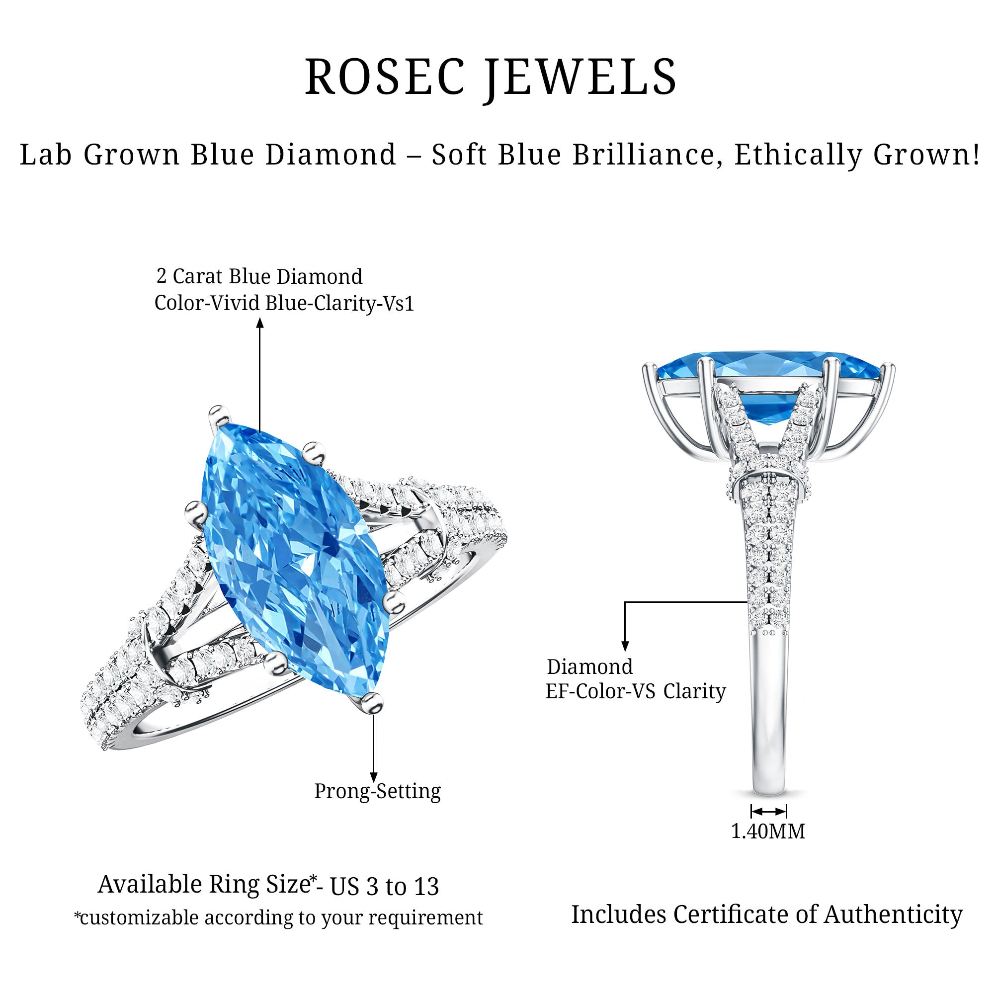 IGI Certified Marquise Cut Lab Grown Blue Diamond 2 Carat Engagement Ring with Split Shank Vivid Blue - VS1 - Rosec Jewels