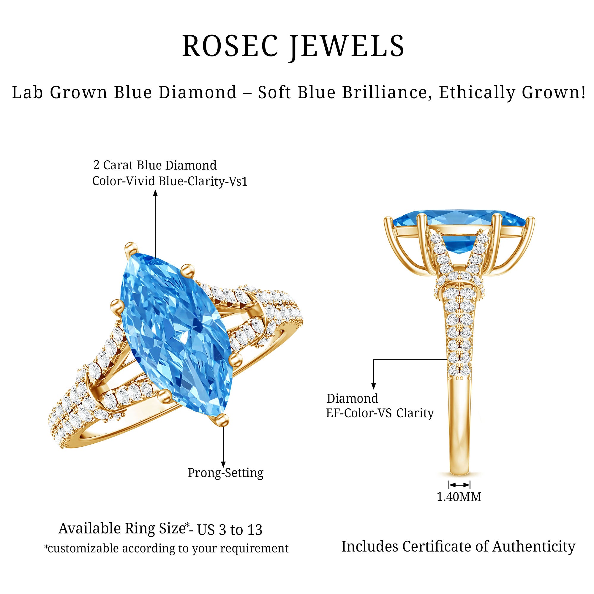 IGI Certified Marquise Cut Lab Grown Blue Diamond 2 Carat Engagement Ring with Split Shank Vivid Blue - VS1 - Rosec Jewels