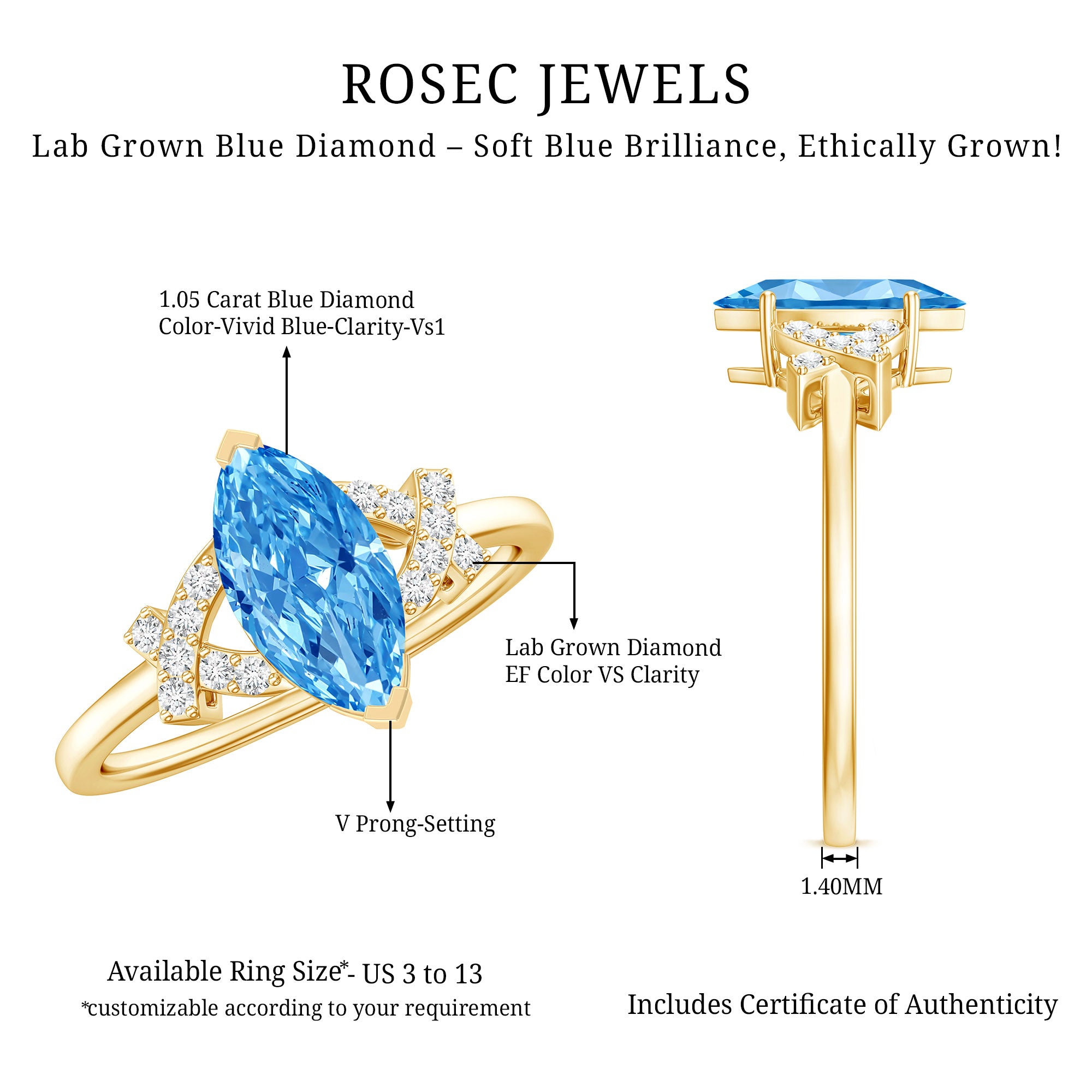 Rosec Jewels-1 Carat Marquise Cut Lab Grown Blue Diamond Statement Ring with IGI Certificate