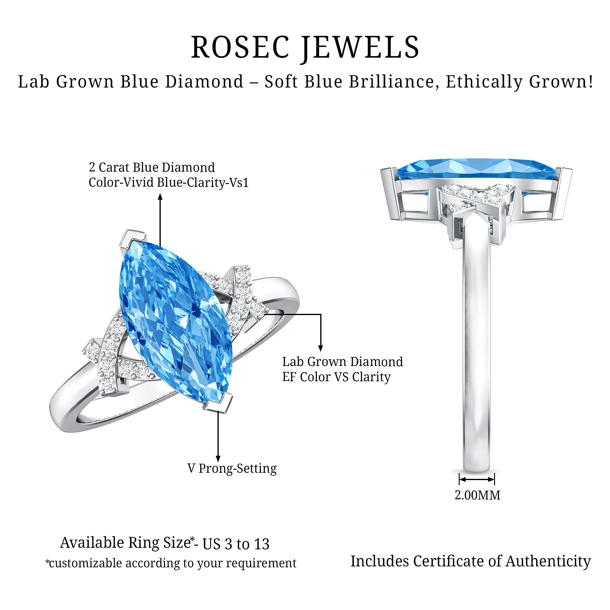 2 Carat Solitaire Lab Grown Blue Diamond Marquise Engagement Ring IGI Certified Vivid Blue - VS1 - Rosec Jewels