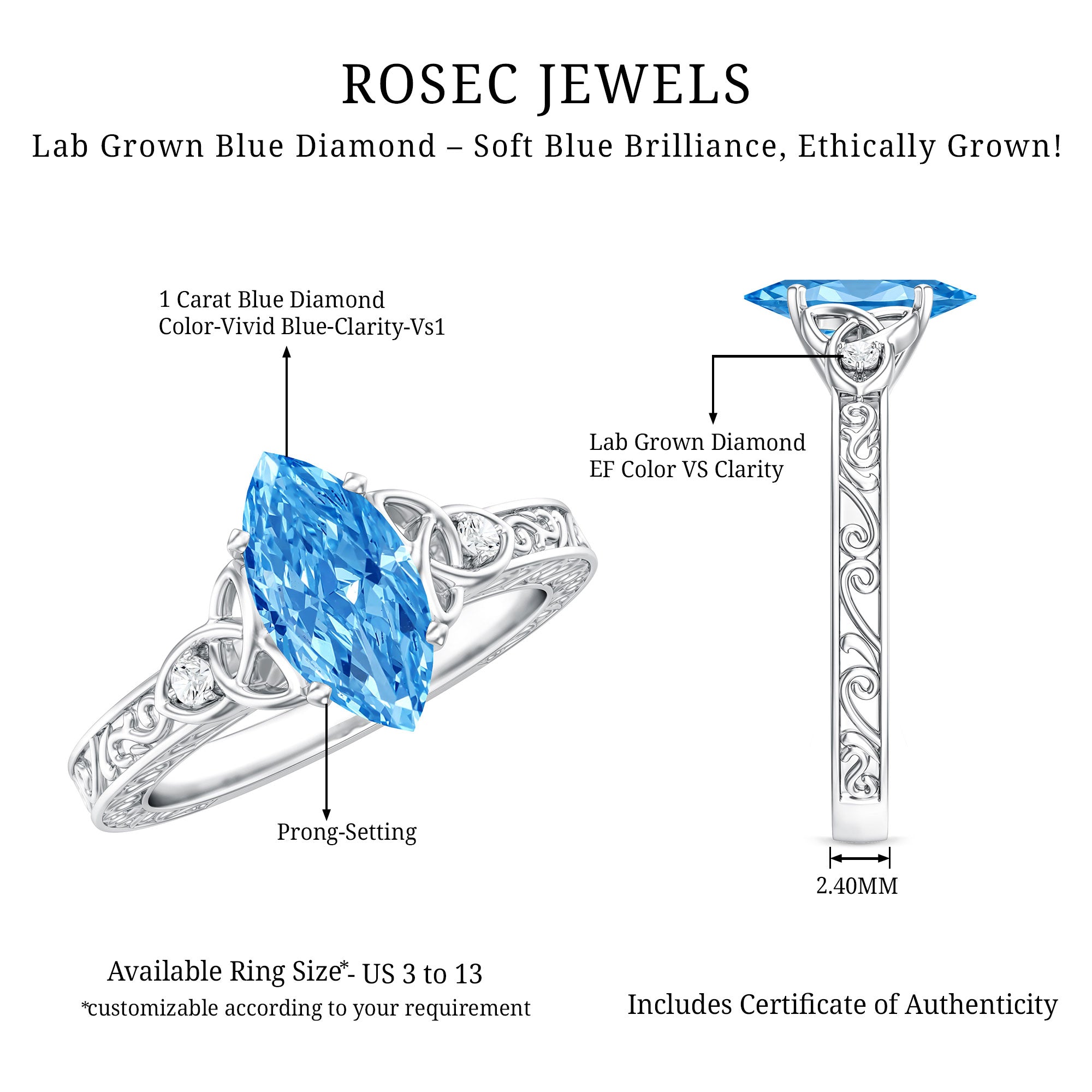IGI Certified Vintage Looking 1 Carat Lab Blue Diamond Knot Engagement Ring Vivid Blue - VS1 - Rosec Jewels