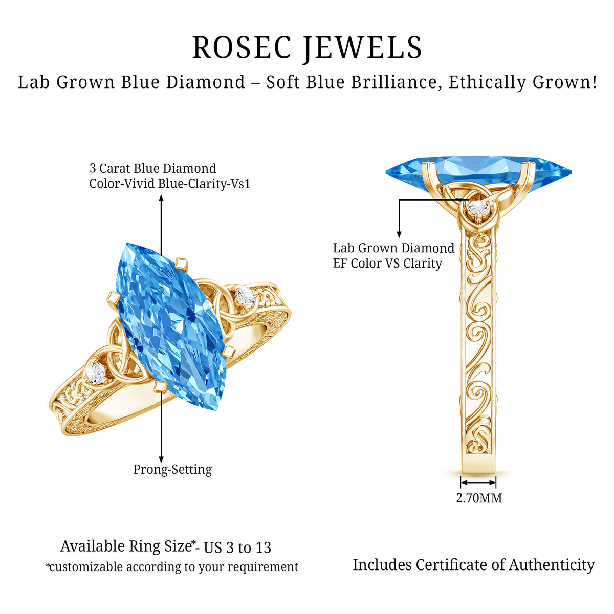 IGI Certified Vintage Celtic Engagement Ring with 3 Carat Marquise Lab Grown Blue Diamond Vivid Blue - VS1 - Rosec Jewels