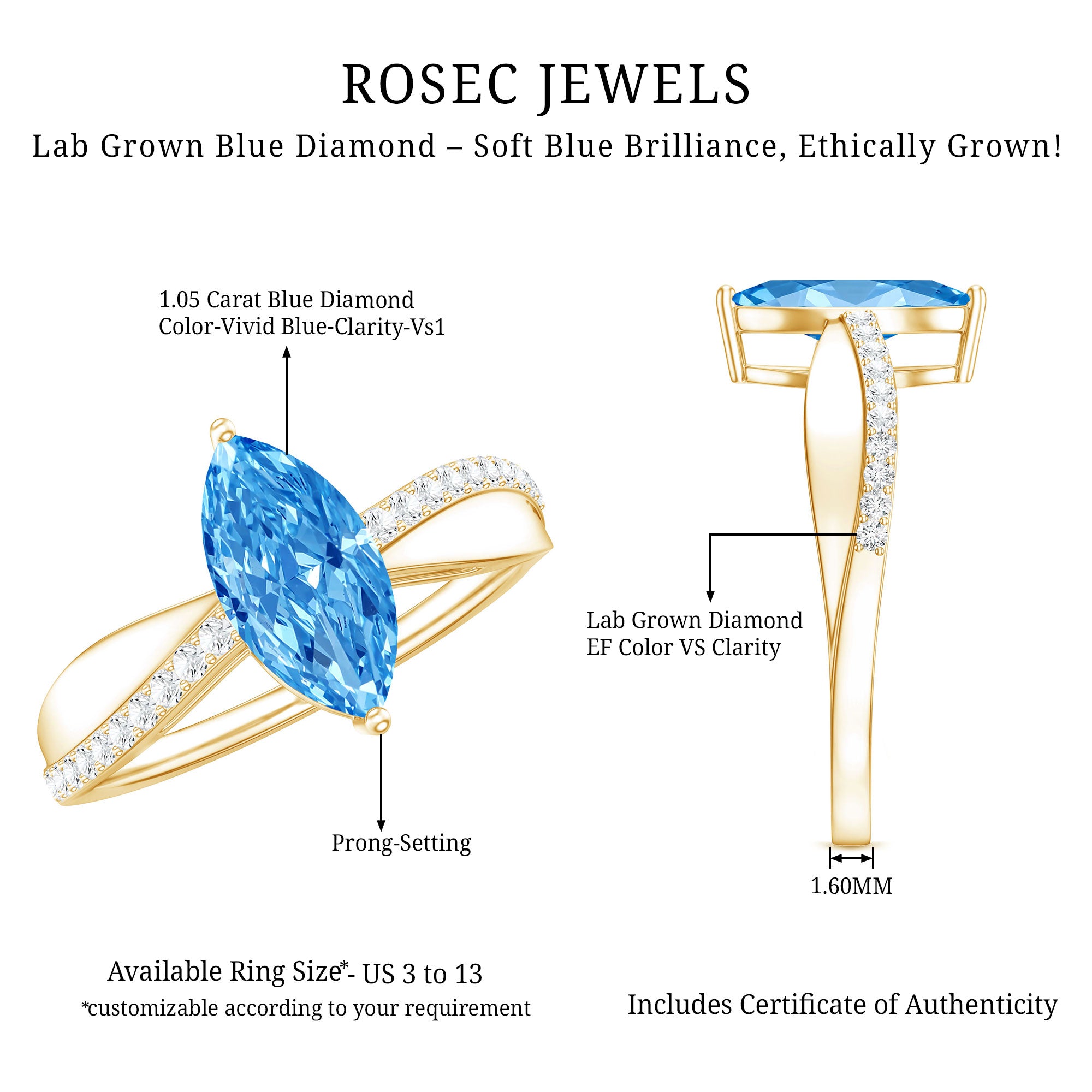 IGI Certified 1 Carat Lab Grown Blue Diamond Marquise Engagement Ring for Women Vivid Blue - VS1 - Rosec Jewels