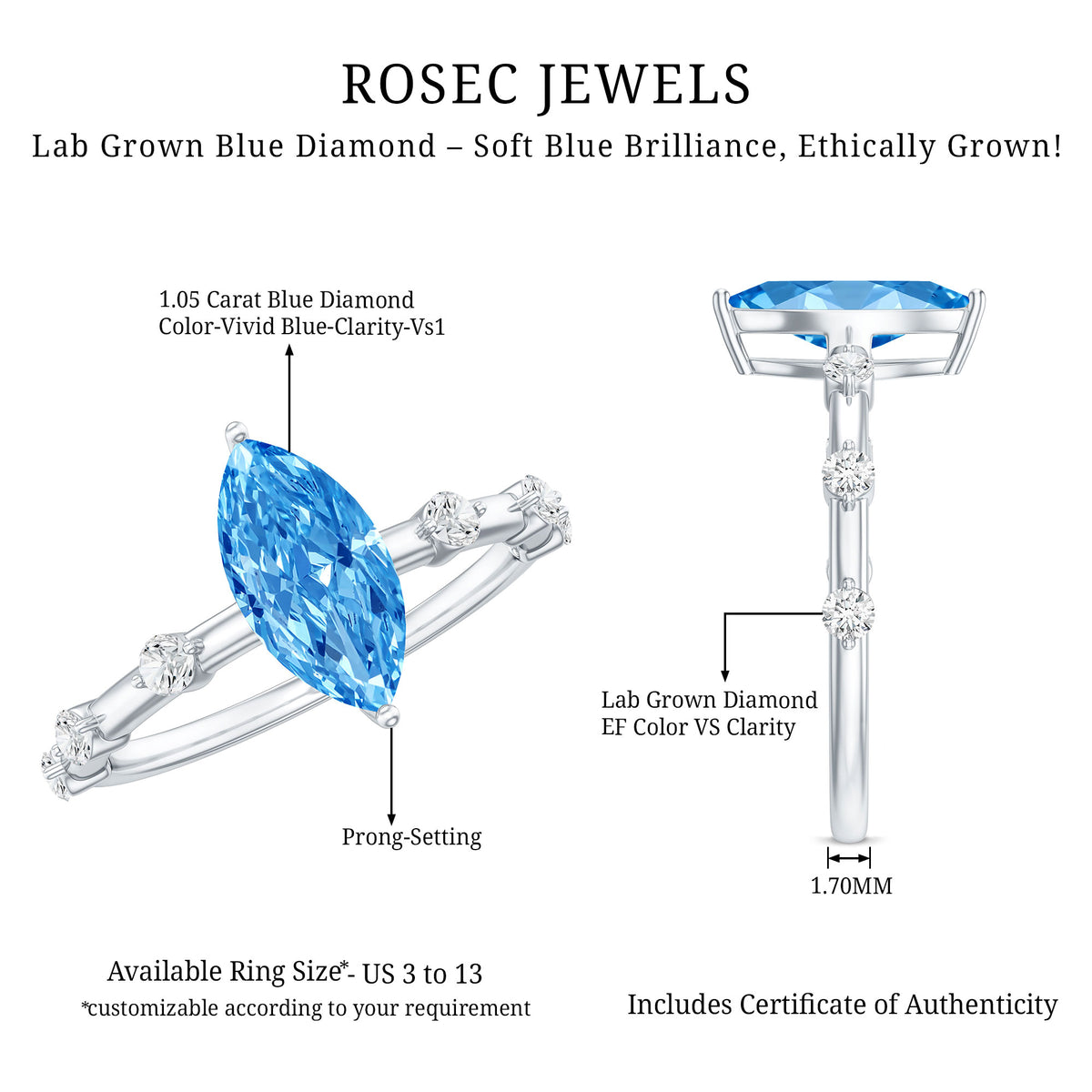 IGI Certified 1 Carat Lab Grown Vivid Blue Diamond Engagement Ring Marquise Vivid Blue - VS1 - Rosec Jewels