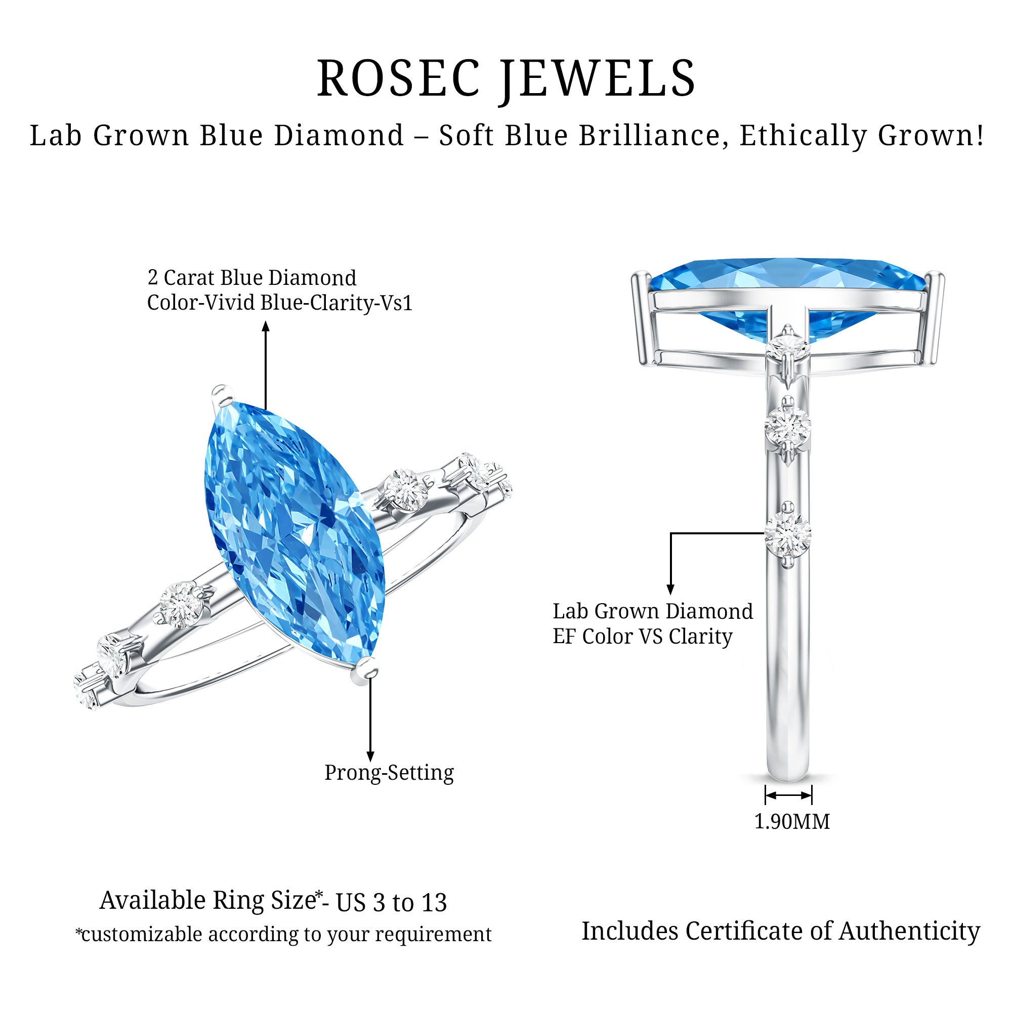 Lab Grown 2 Carat Blue Diamond Marquise Cut Engagement Ring with IGI Certificate Vivid Blue - VS1 - Rosec Jewels