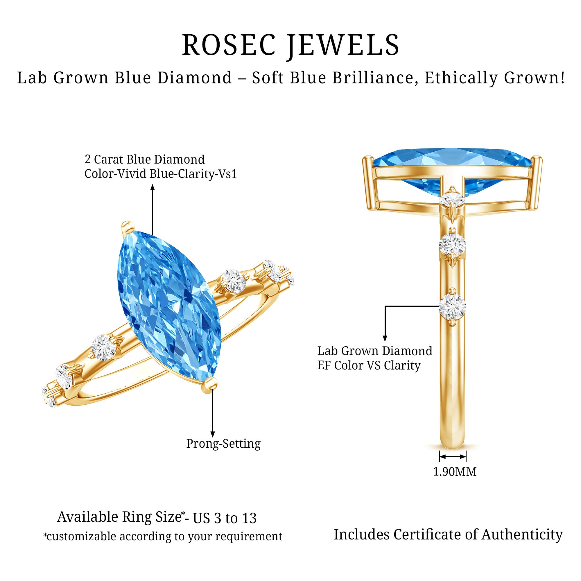 Lab Grown 2 Carat Blue Diamond Marquise Cut Engagement Ring with IGI Certificate Vivid Blue - VS1 - Rosec Jewels