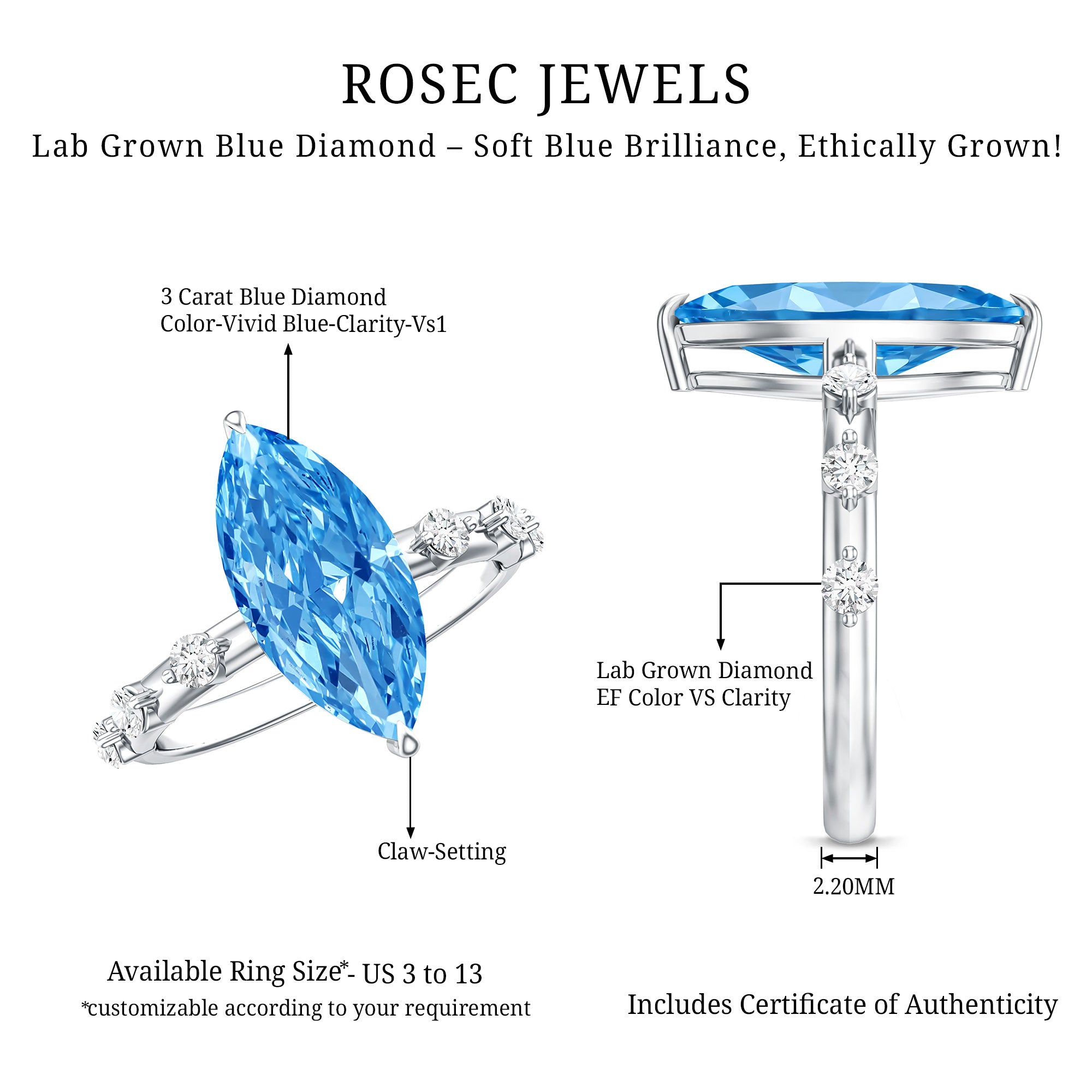 IGI Certified 3 Carat Lab Grown Blue Diamond Marquise Engagement Ring with Spaced Accent Vivid Blue - VS1 - Rosec Jewels