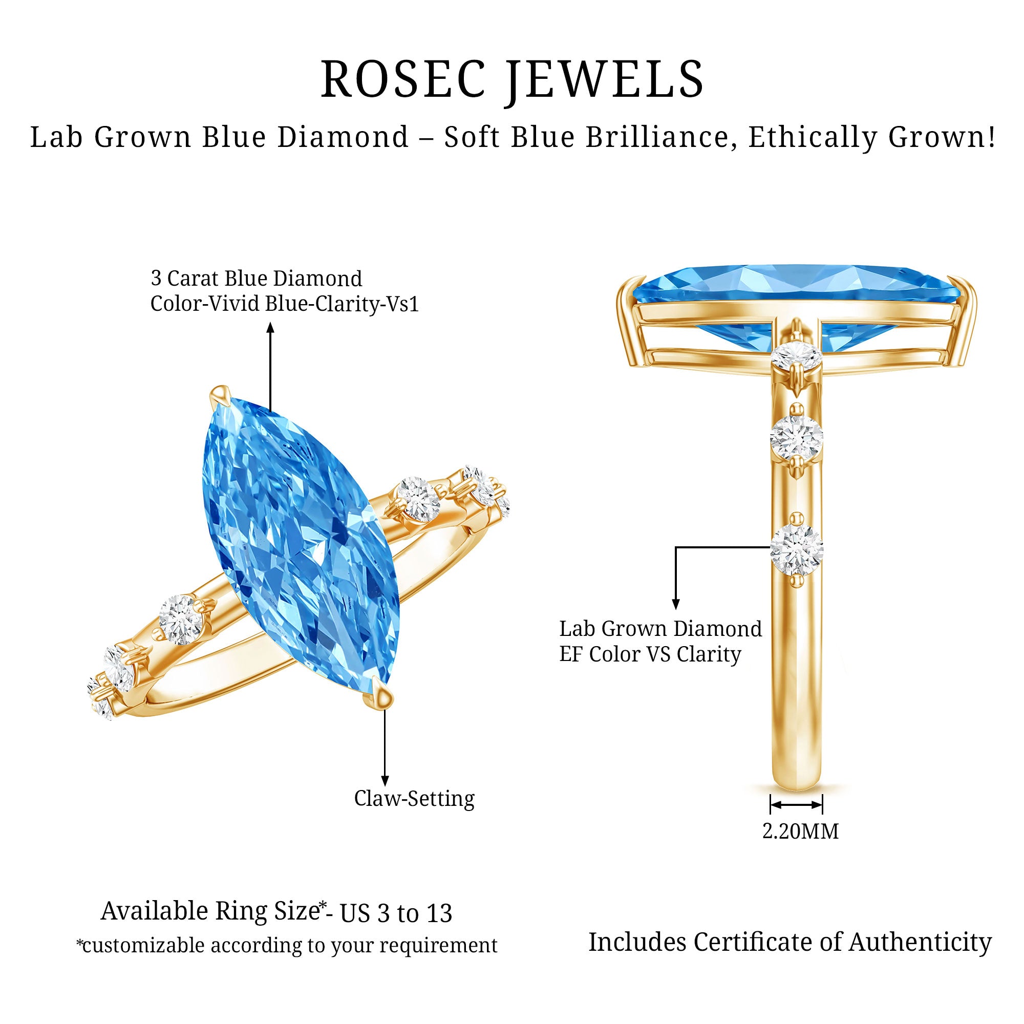 IGI Certified 3 Carat Lab Grown Blue Diamond Marquise Engagement Ring with Spaced Accent Vivid Blue - VS1 - Rosec Jewels