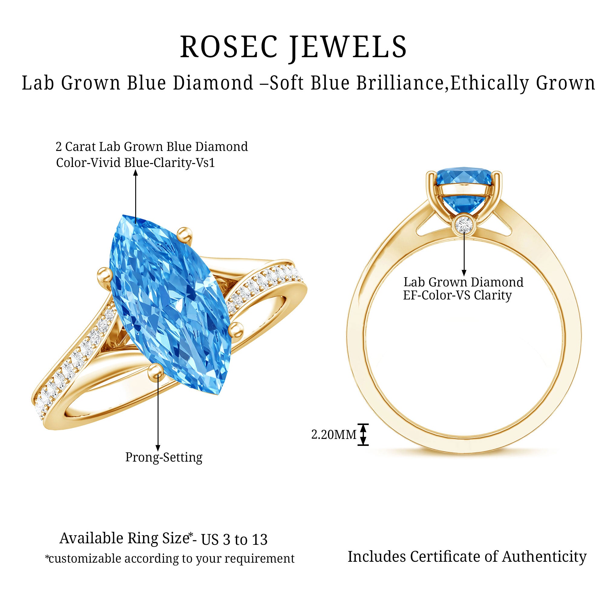 IGI Certified 2 Carat Lab Grown Blue Diamond Split Shank Engagement Ring Vivid Blue - VS1 - Rosec Jewels