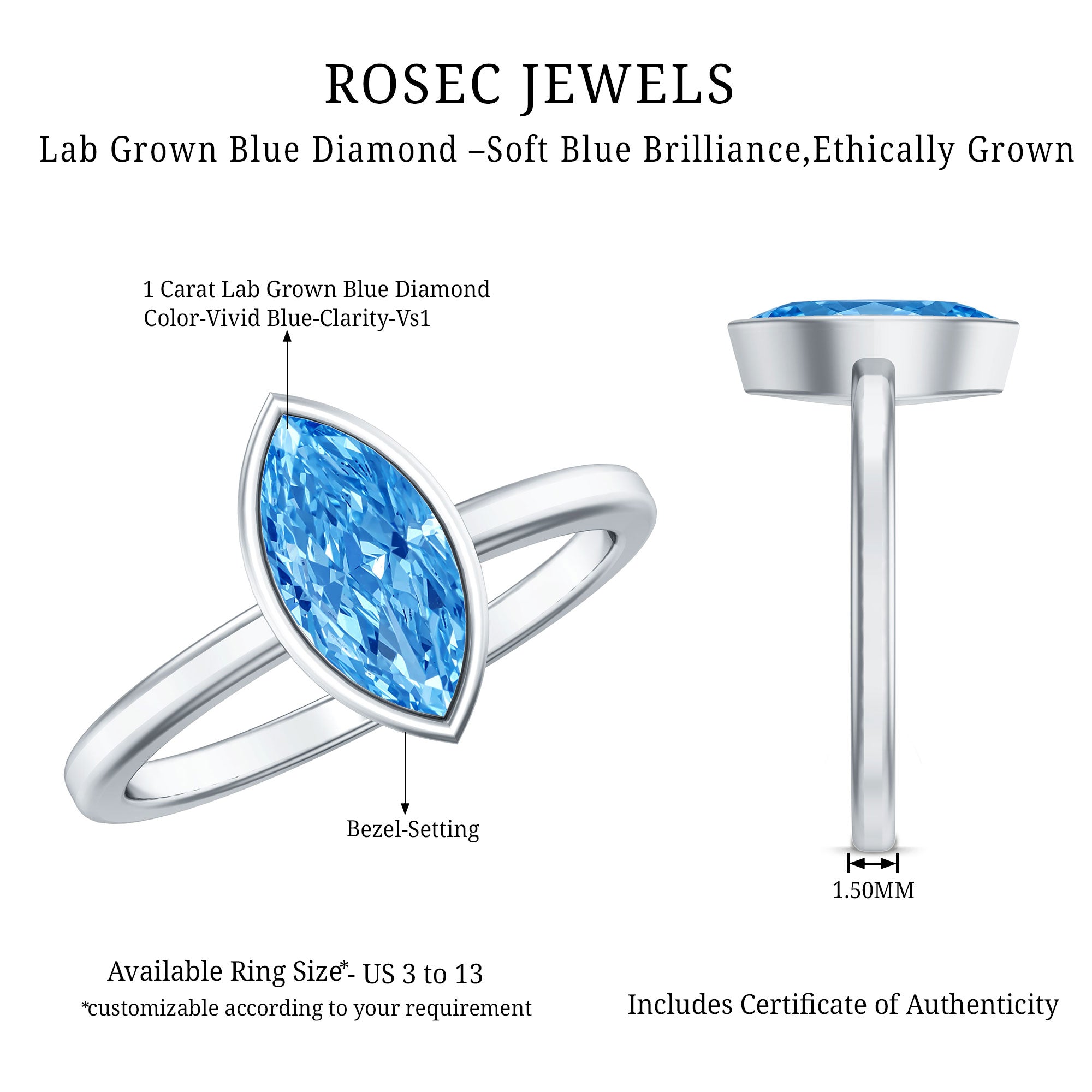 IGI Certified Marquise Cut Lab Grown Blue Diamond 1 Carat Engagement Ring in Bezel Setting Vivid Blue - VS1 - Rosec Jewels