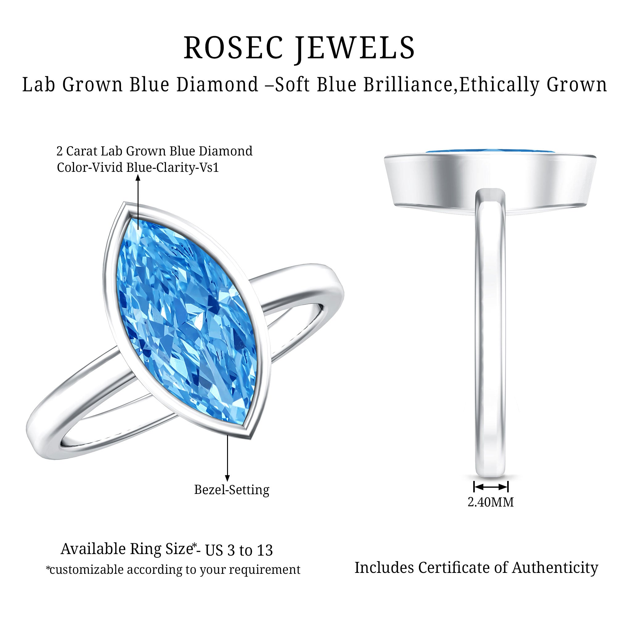 2 Carat Lab Grown Blue Diamond Marquise Solitaire Engagement Ring IGI Certified Vivid Blue - VS1 - Rosec Jewels