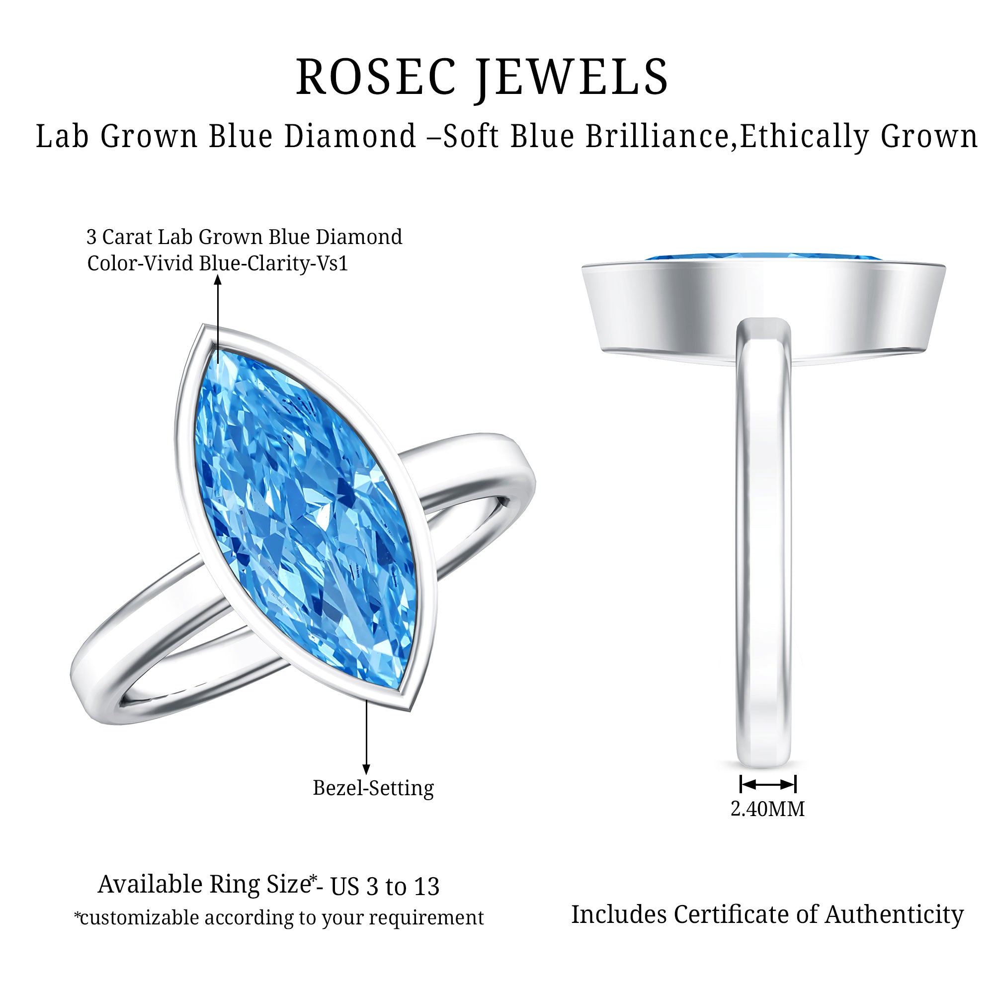 IGI Certified Bezel Set Lab Grown Blue Diamond Marquise Engagement Ring 3 Carat Vivid Blue - VS1 - Rosec Jewels