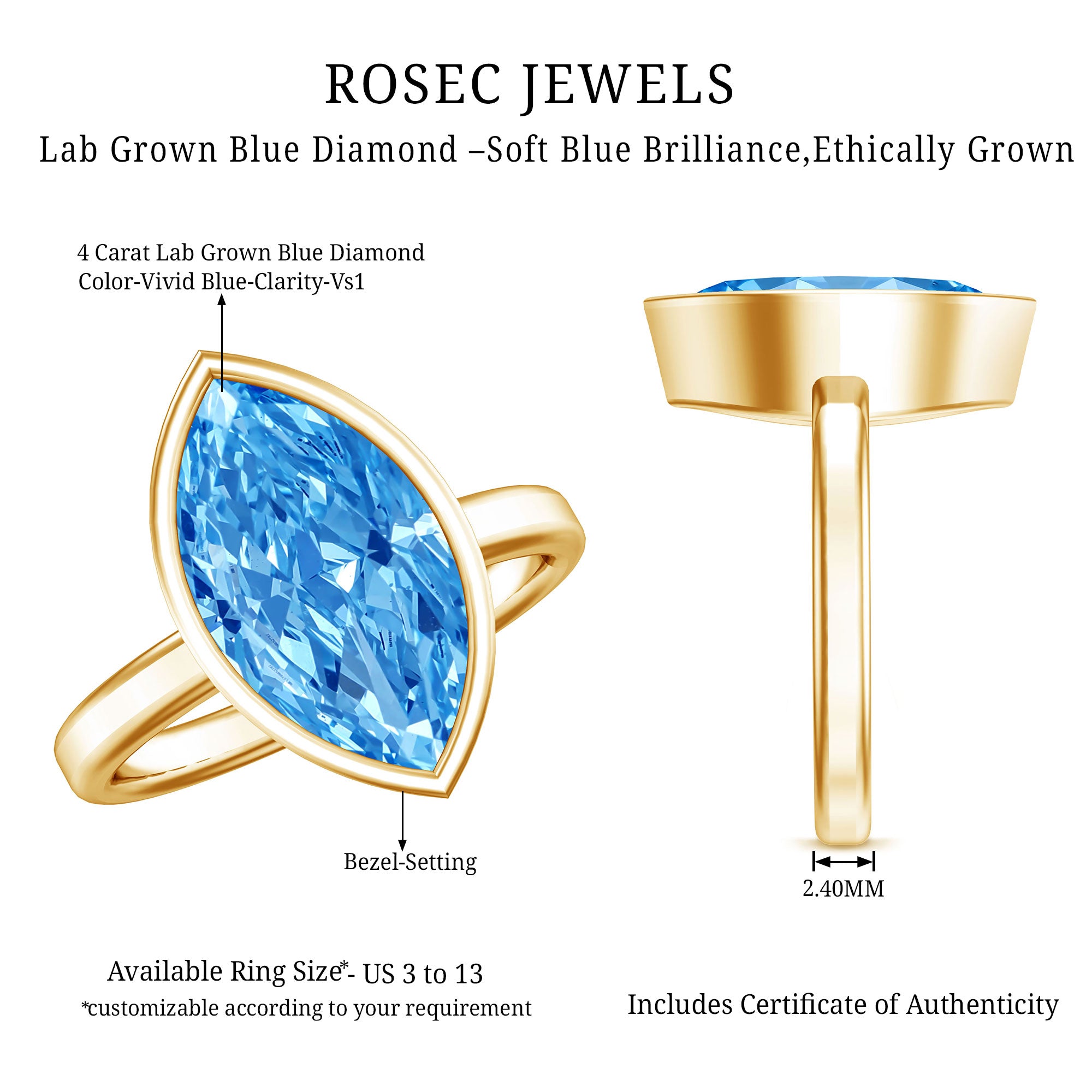Rosec Jewels-Big 4 Carat Lab Grown Blue Diamond Marquise Cut Engagement Ring IGI Certified