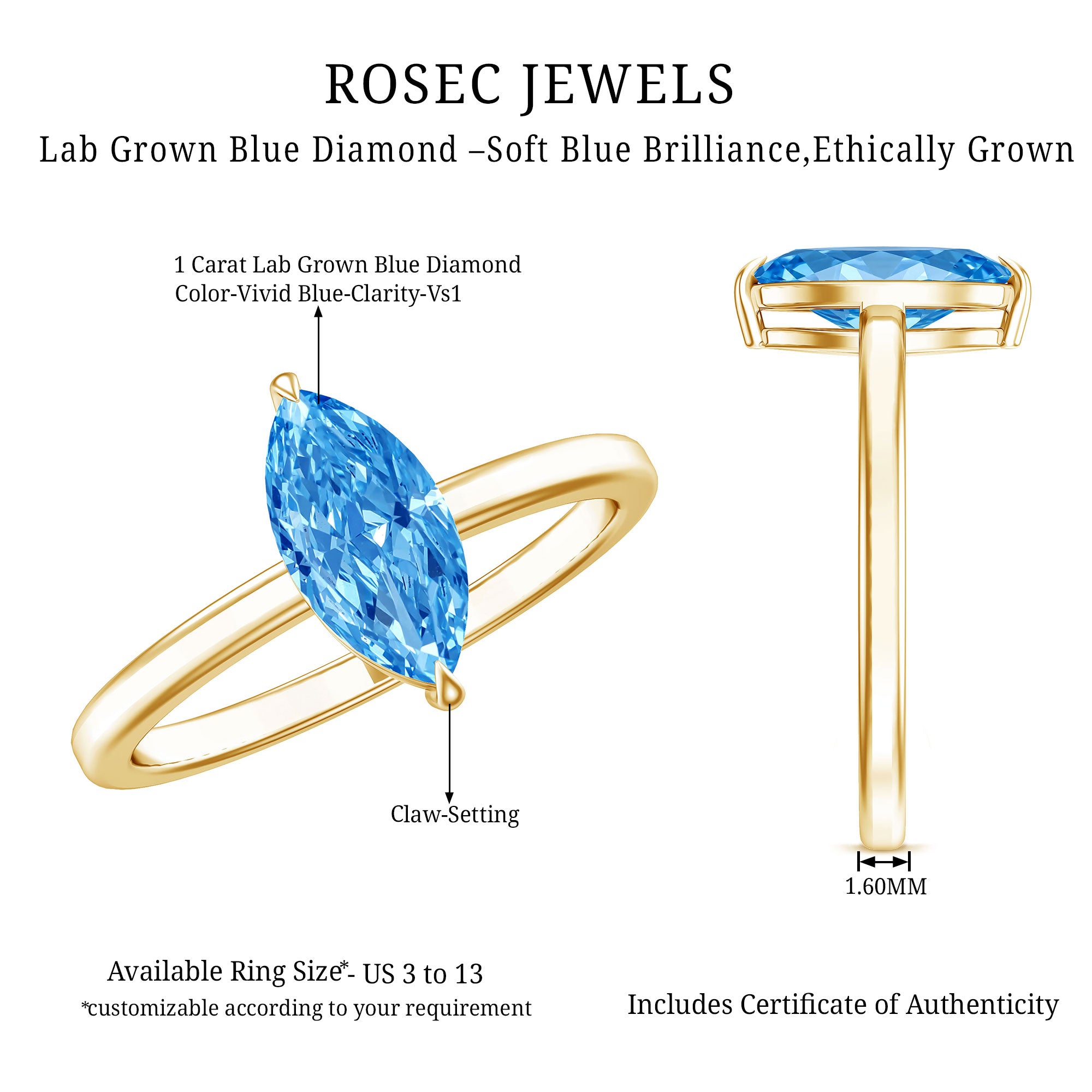 Solitaire 1 Carat Marquise Cut Lab Grown Blue Diamond Engagement Ring with IGI Certificate Vivid Blue - VS1 - Rosec Jewels