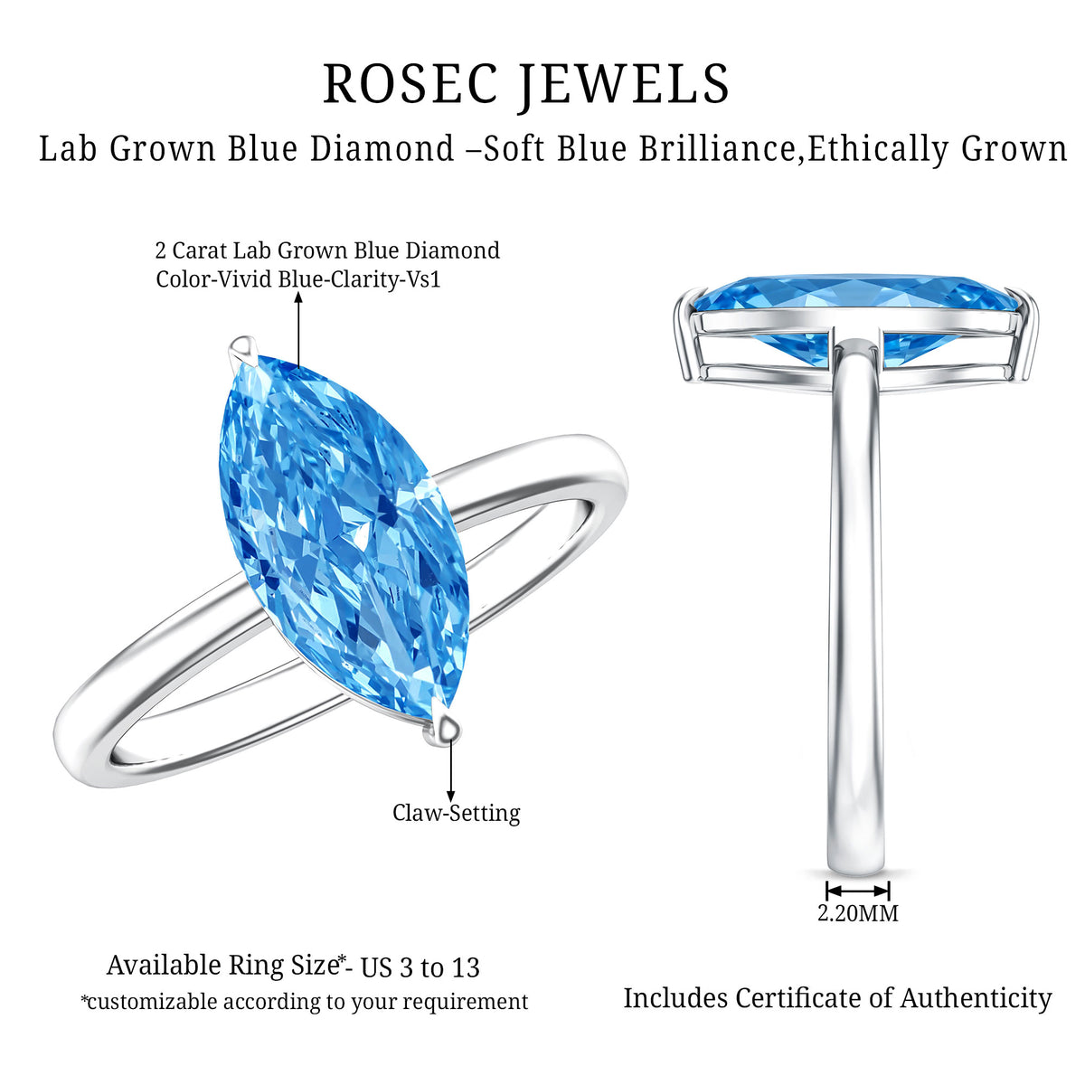 2 Carat Marquise Blue Lab Grown Diamond Solitaire Engagement Ring with IGI Certificate Vivid Blue - VS1 - Rosec Jewels