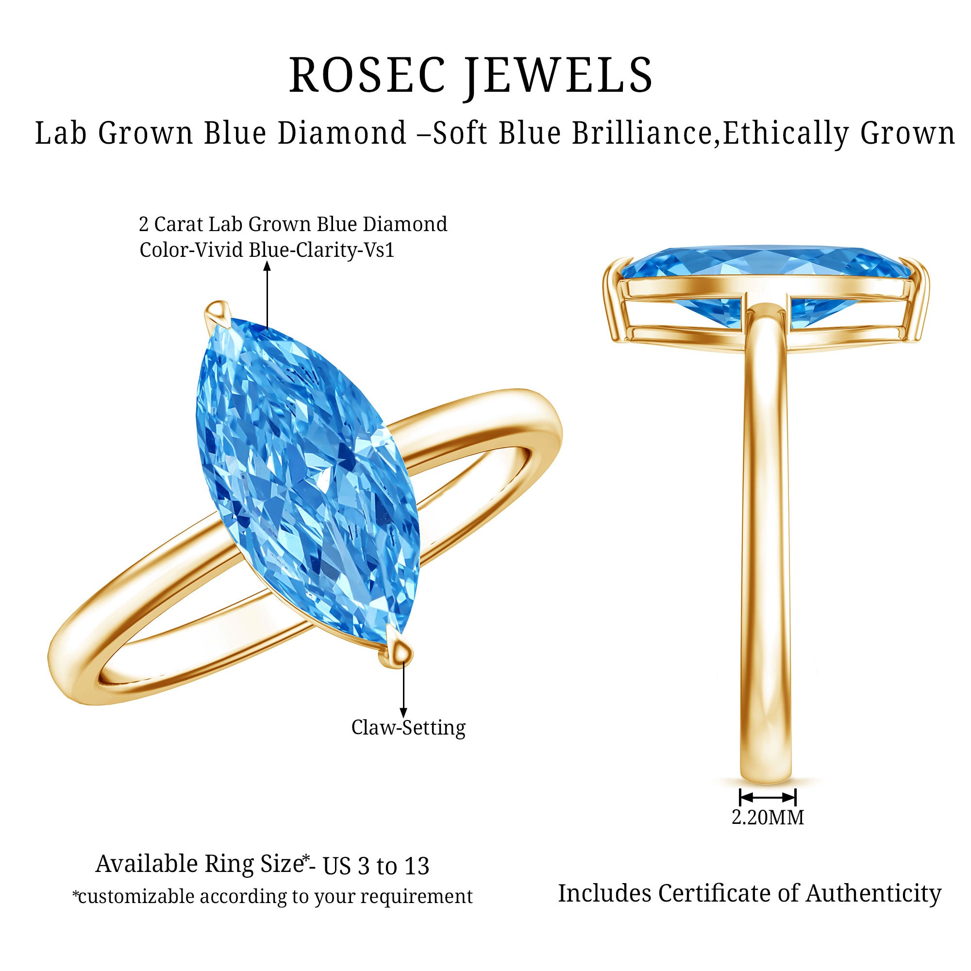 2 Carat Marquise Cut Engagement Ring with IGI Certified Lab Grown Blue Diamond Vivid Blue - VS1 - Rosec Jewels