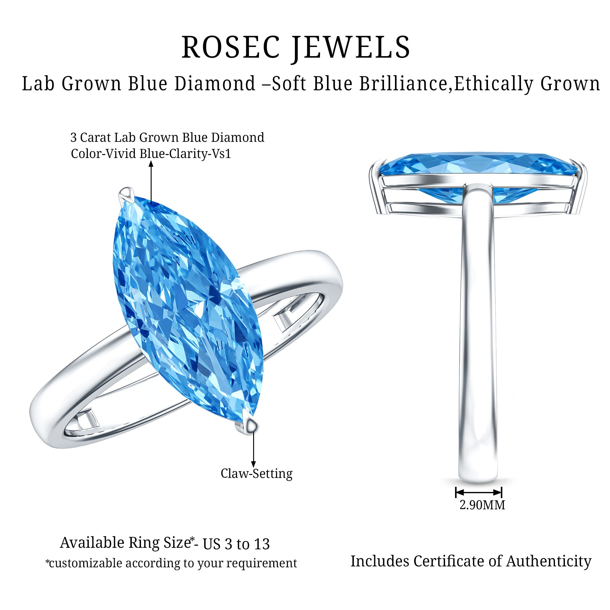 Solitaire 3 Carat Marquise Cut Lab Grown Blue Diamond Engagement Ring IGI Certified Vivid Blue - VS1 - Rosec Jewels