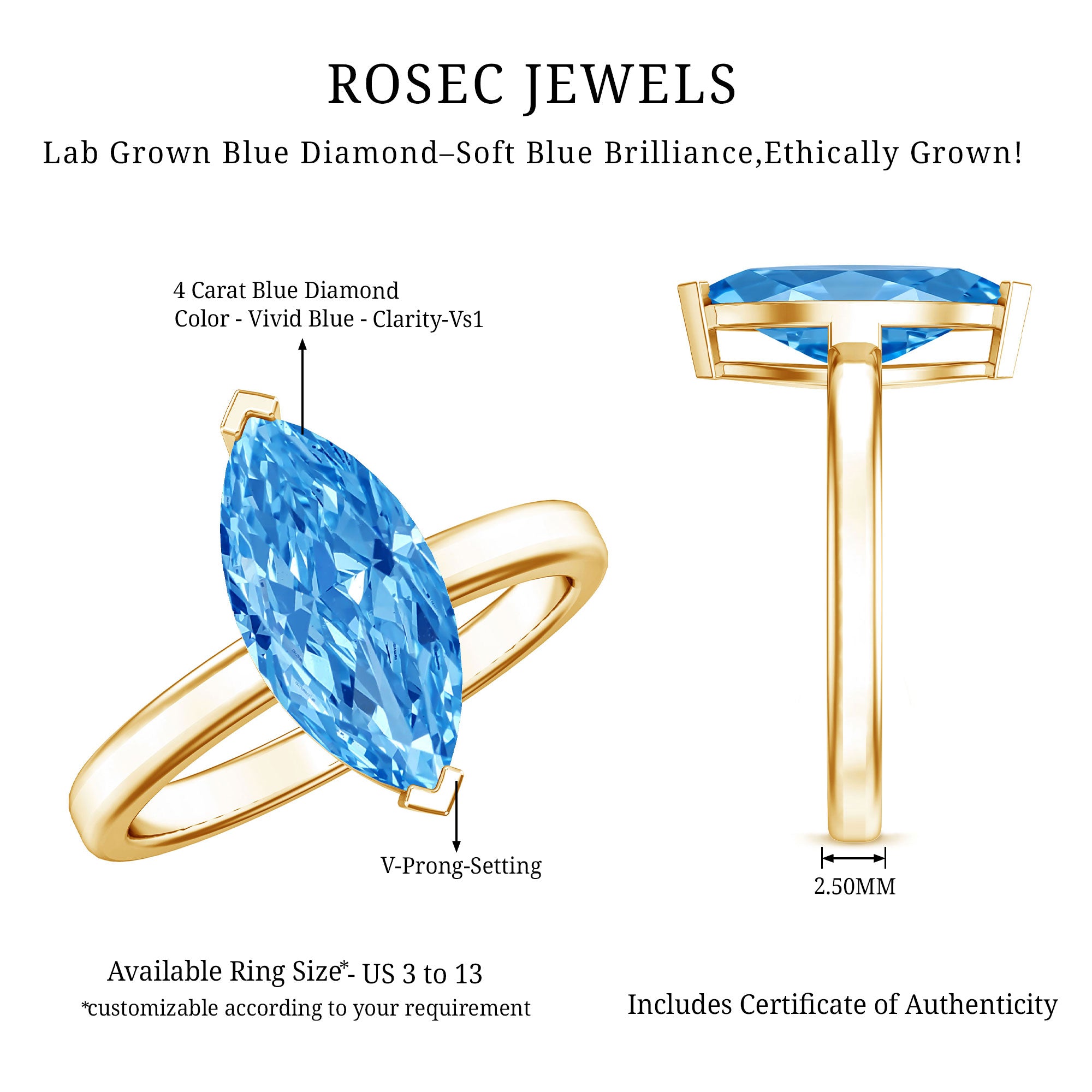 IGI Certified 4 Carat Engagement Ring with Solitaire Marquise Cut Lab Grown Blue Diamond Vivid Blue - VS1 - Rosec Jewels
