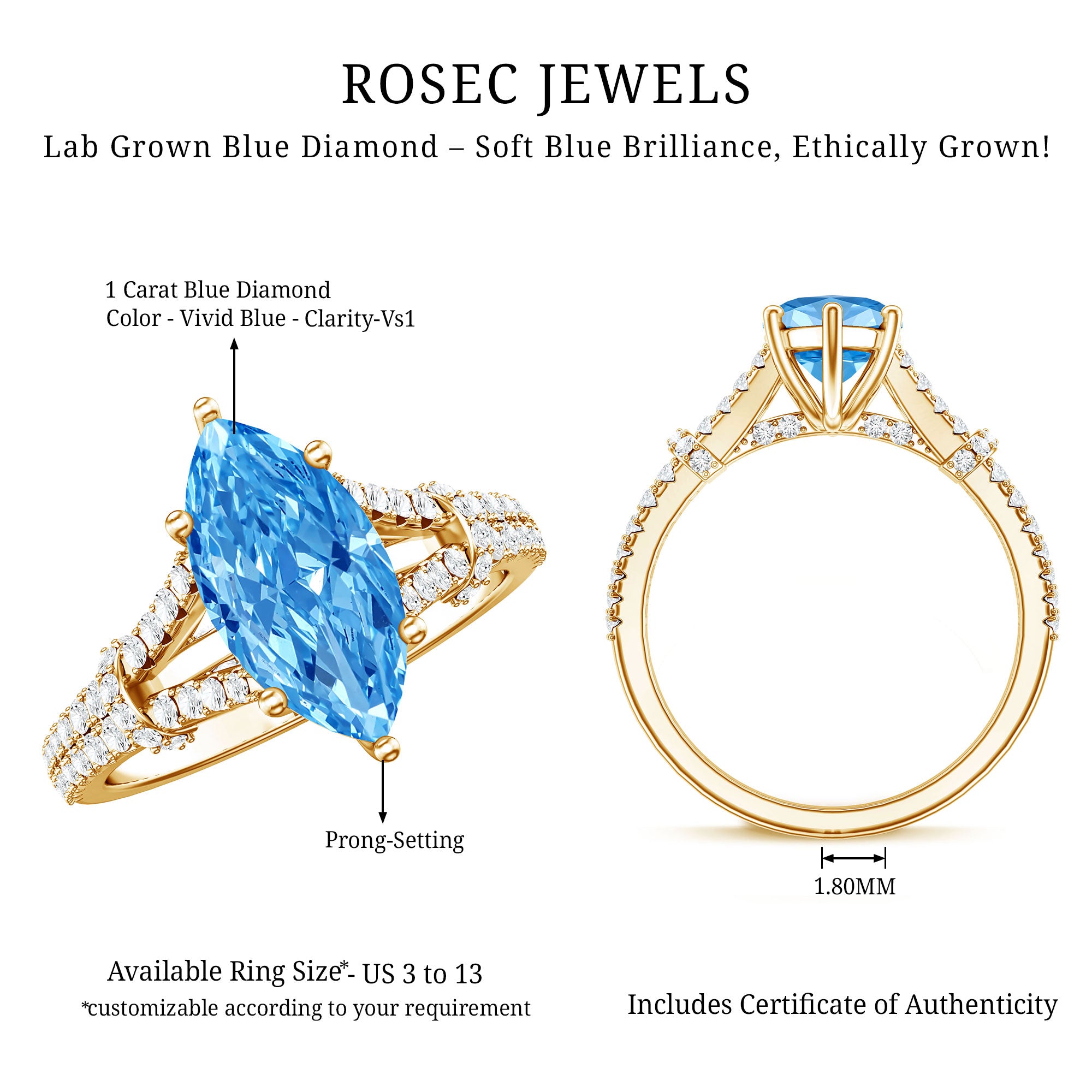 Antique Looking 1 Carat Lab Grown Blue Diamond Engagement Ring IGI Certified Vivid Blue - VS1 - Rosec Jewels