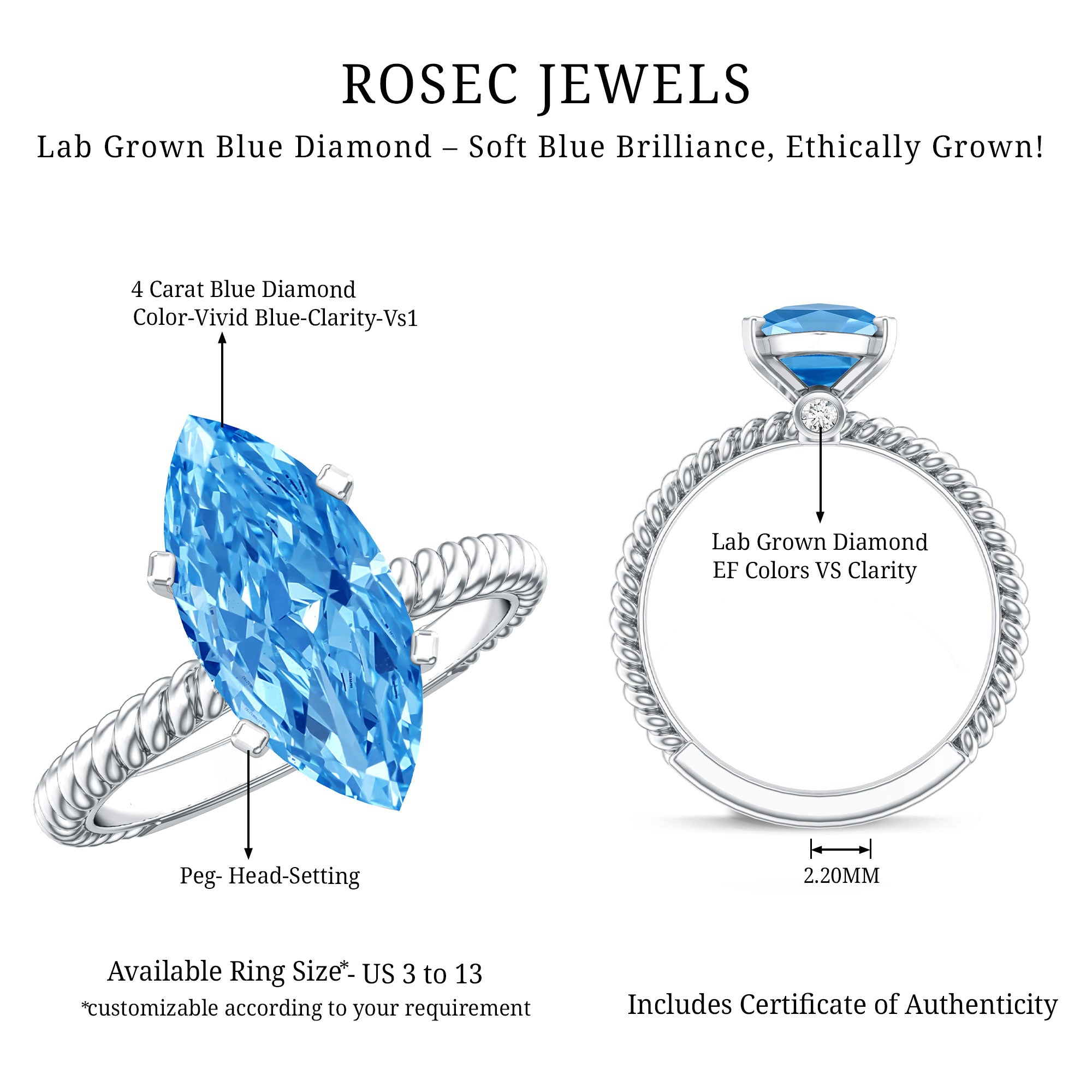 IGI Certified 3 Carat Lab Grown Blue Diamond Solitaire Engagement Ring Marquise Vivid Blue - VS1 - Rosec Jewels