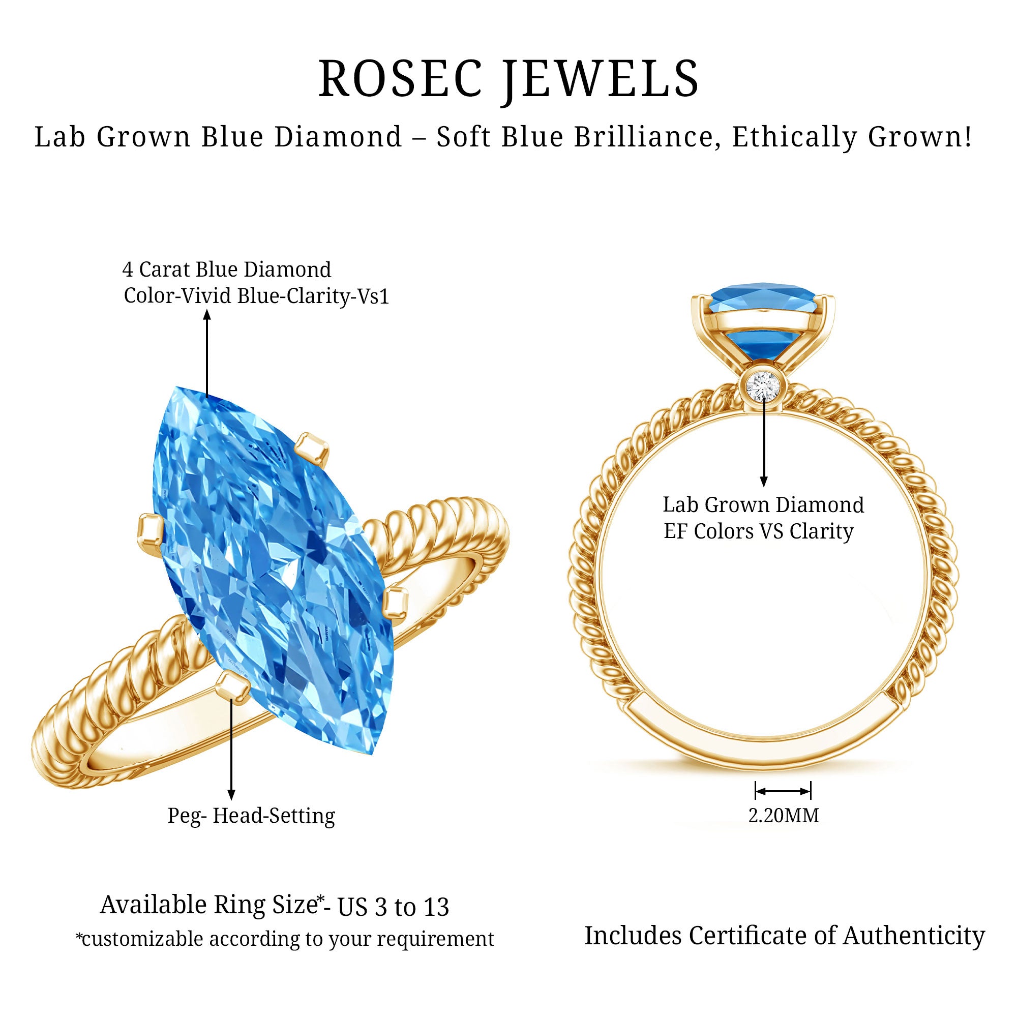 IGI Certified 3 Carat Lab Grown Blue Diamond Solitaire Engagement Ring Marquise Vivid Blue - VS1 - Rosec Jewels