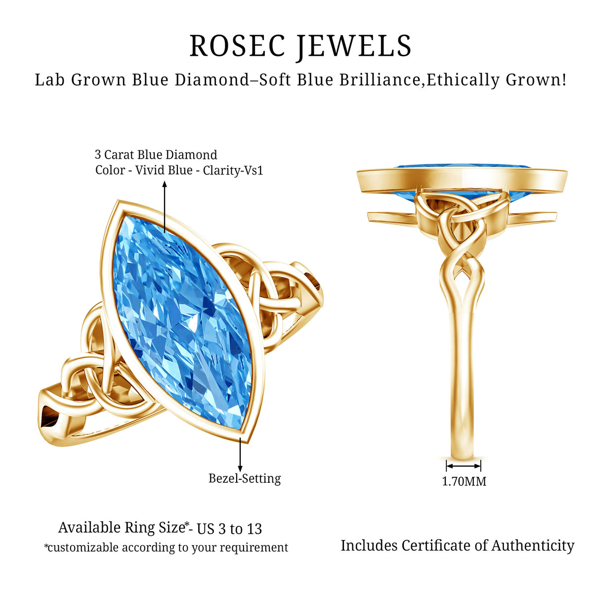 3 Carat Marquise Cut Lab Grown Blue Diamond Celtic Engagement Ring with IGI Certificate Vivid Blue - VS1 - Rosec Jewels